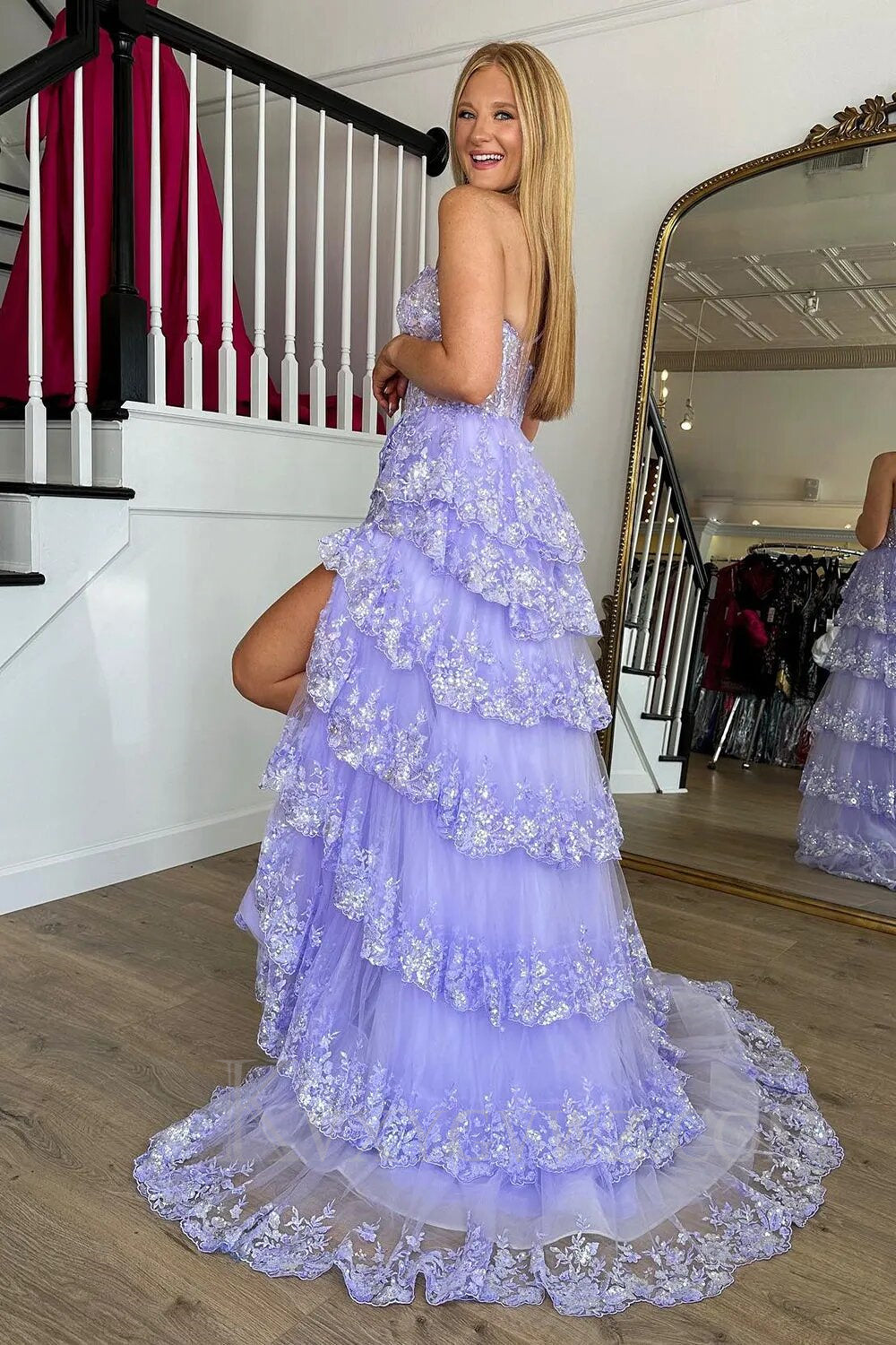 Sparkly Lilac One Shoulder Tiered Lace Long Prom Dress with Slit LF014