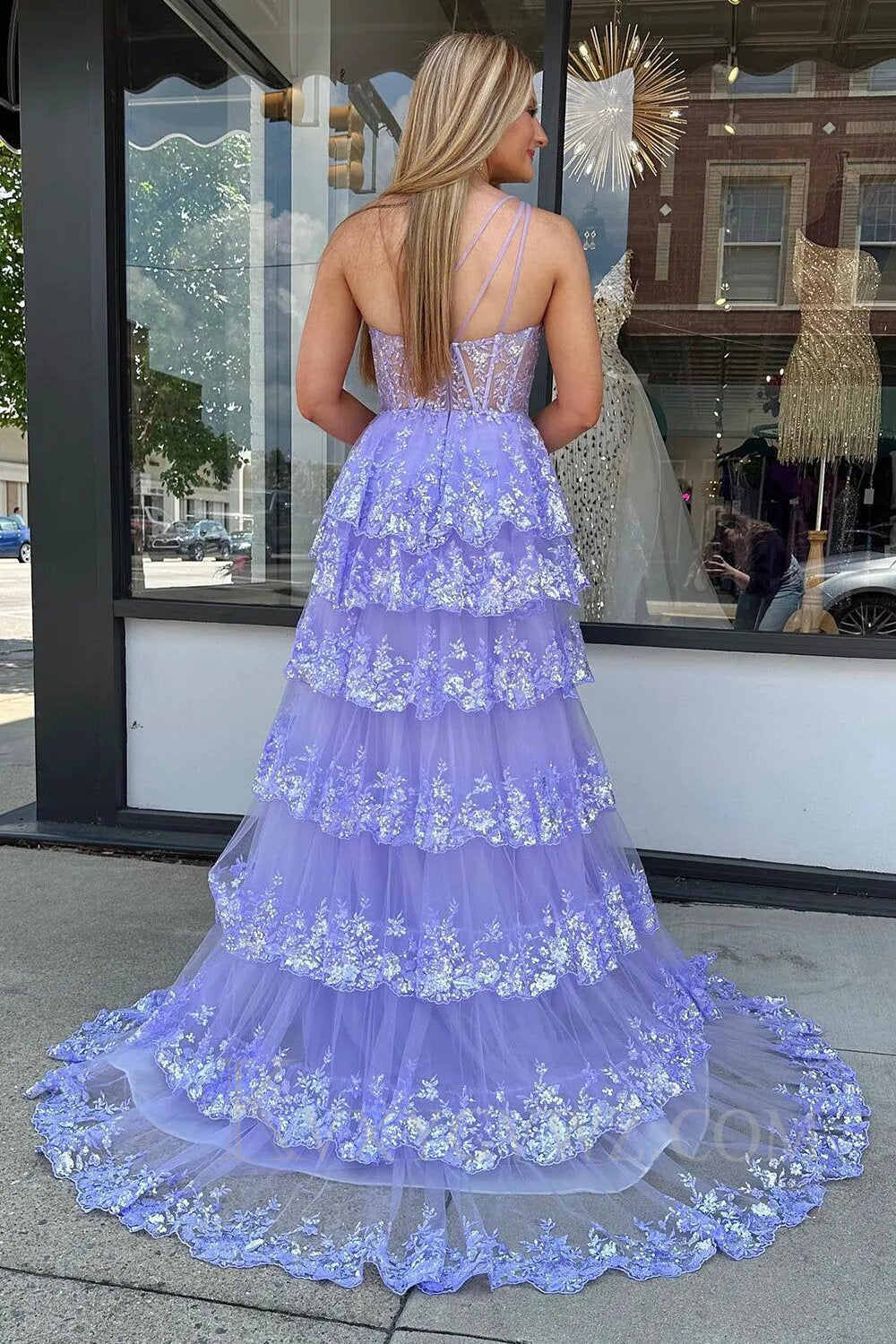 Sparkly Lilac One Shoulder Tiered Lace Long Prom Dress with Slit LF014