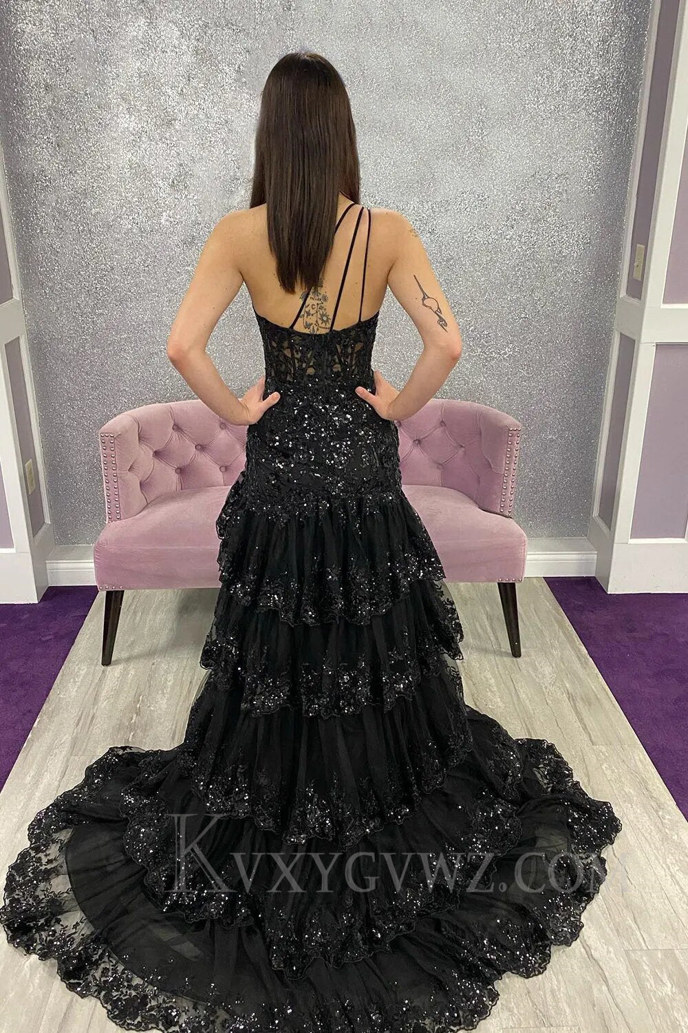 Sparkly Lilac One Shoulder Tiered Lace Long Prom Dress with Slit LF014