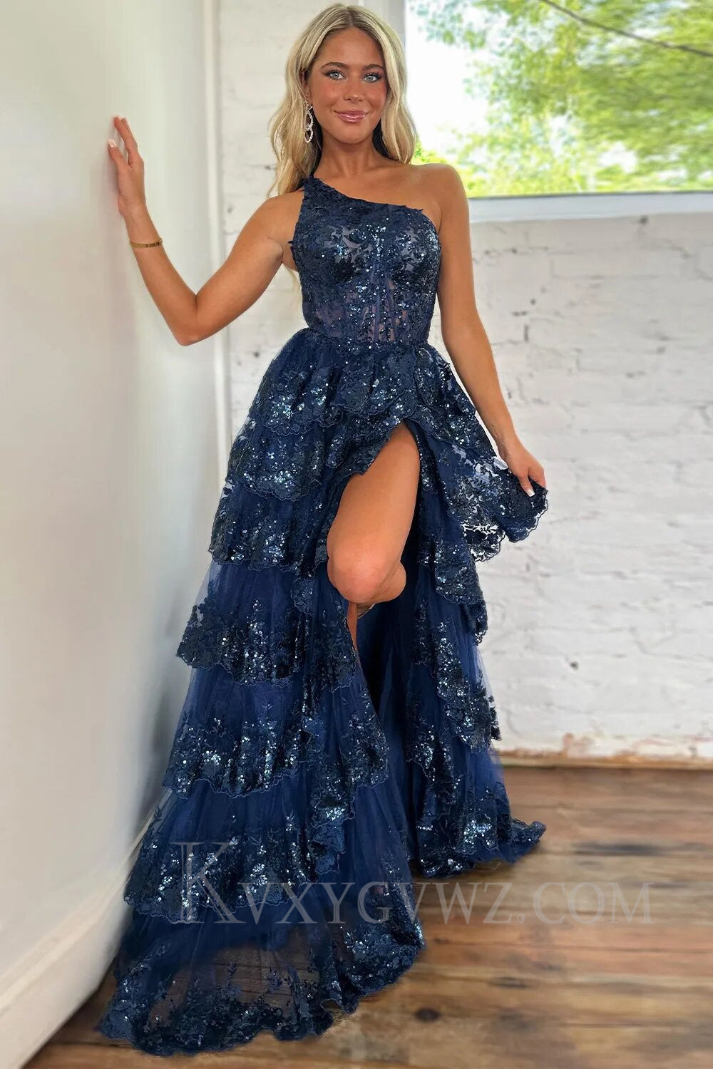 Sparkly Lilac One Shoulder Tiered Lace Long Prom Dress with Slit LF014