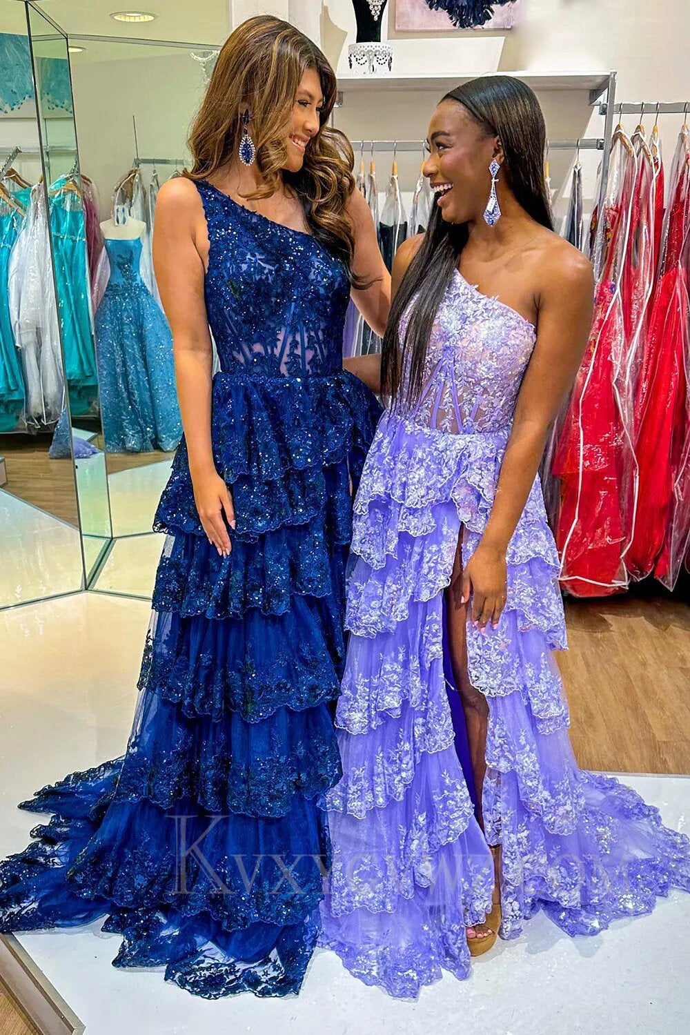 Sparkly Lilac One Shoulder Tiered Lace Long Prom Dress with Slit LF014