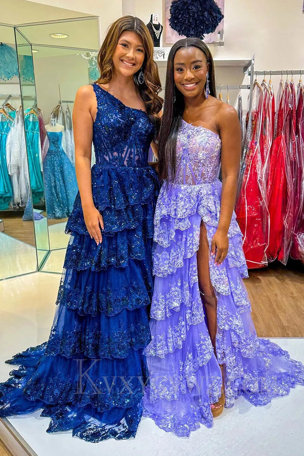 Sparkly Lilac One Shoulder Tiered Lace Long Prom Dress with Slit LF014