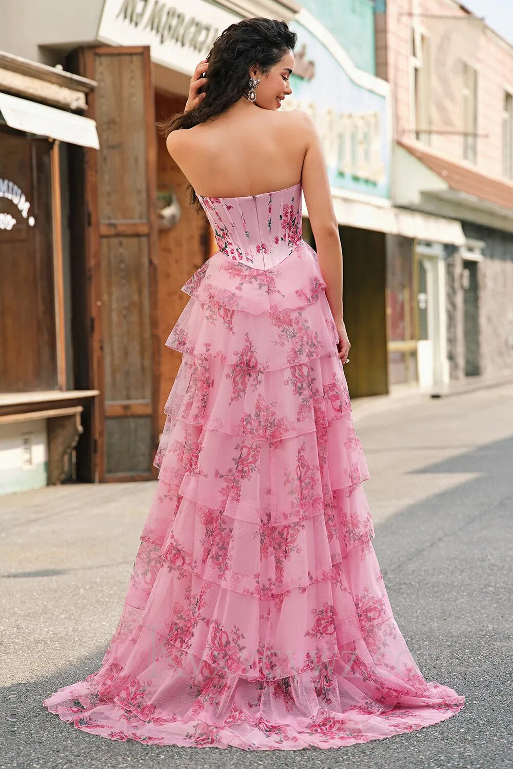 A Line Blush Sweetheart Corset Floral Ruffled Long Prom Dress with Slit LF140