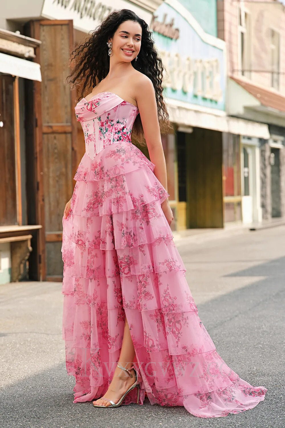 A Line Blush Sweetheart Corset Floral Ruffled Long Prom Dress with Slit LF140
