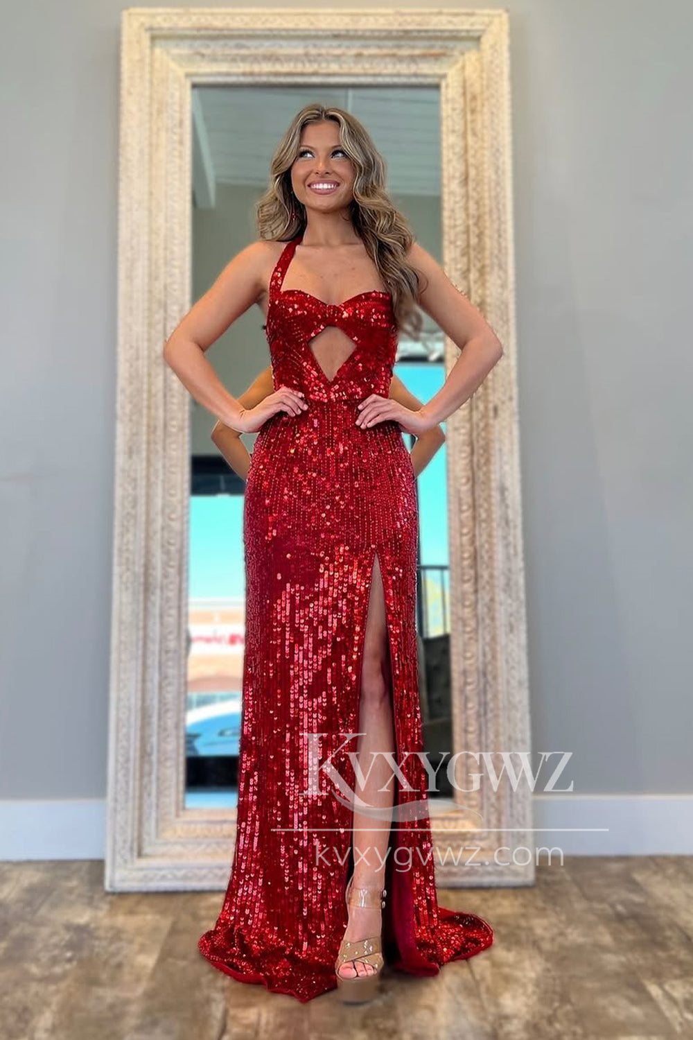 Mermaid Sweetheart Evening Gown Dark Red Sequins Long Prom Dress with Slit LF1403