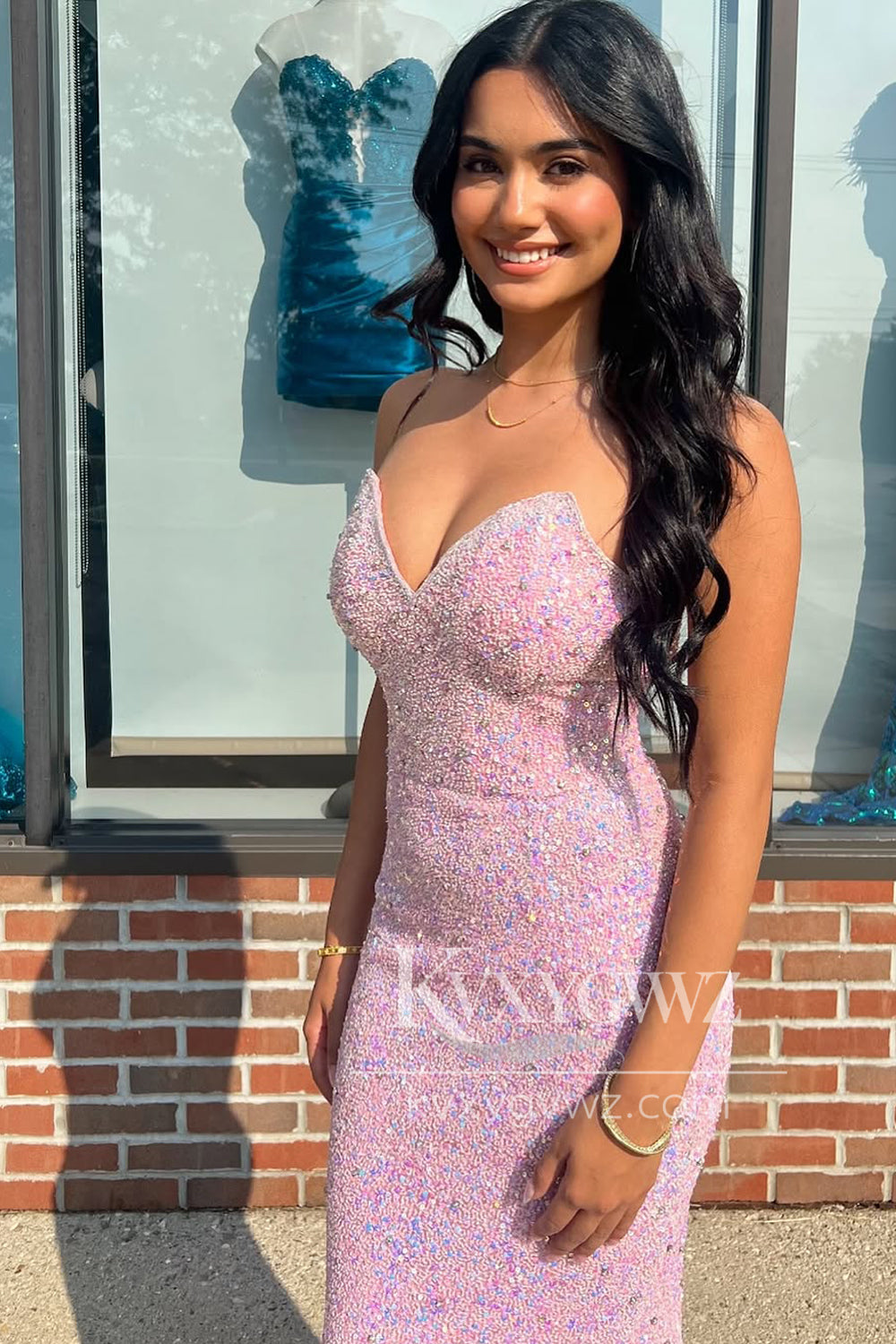 Mermaid V-neck Evening Gown Pink Sequins Long Prom Dress With Sweep Train LF1412