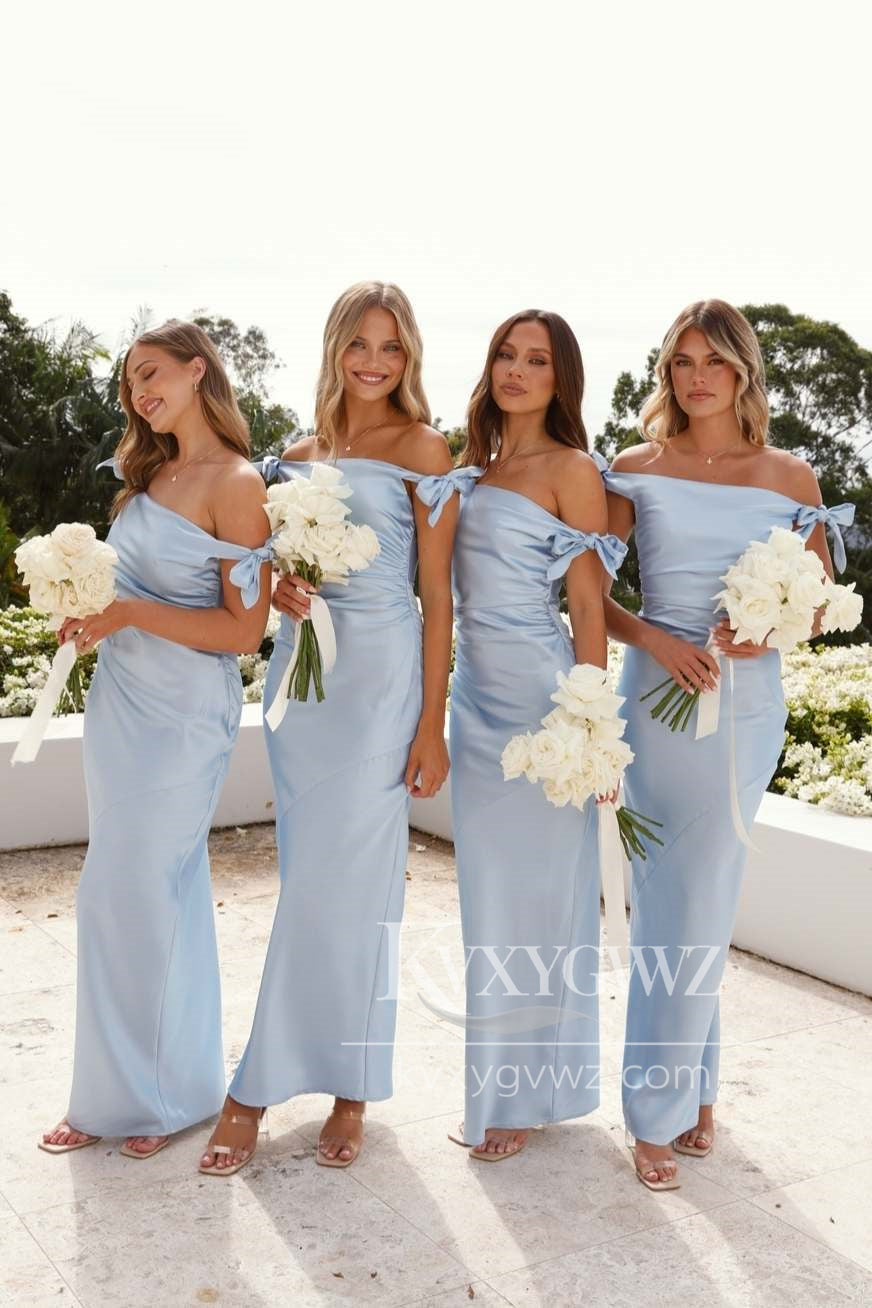 Chic Mermaid Off-Shoulder Evening Gown Light Blue Silk Satin Long Bridesmaid Dress LF1420
