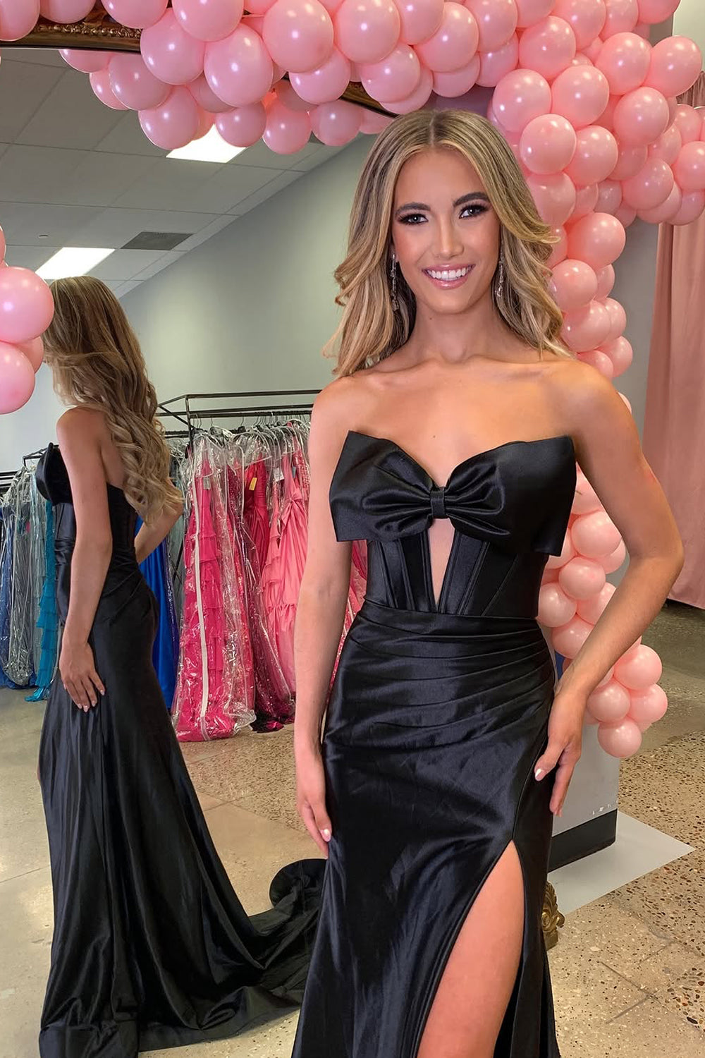 Mermaid Strapless Keyhole Black Satin Long Prom Dress Gown with Slit LF1306