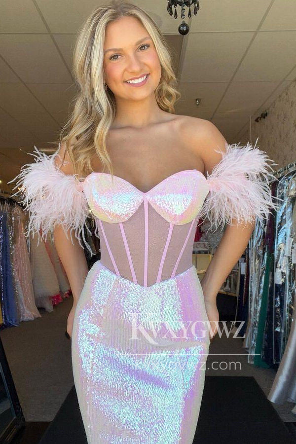 Conspicuous Mermaid Sweetheart Evening Gown Pink Sequins Feathered Prom Dress LF1424