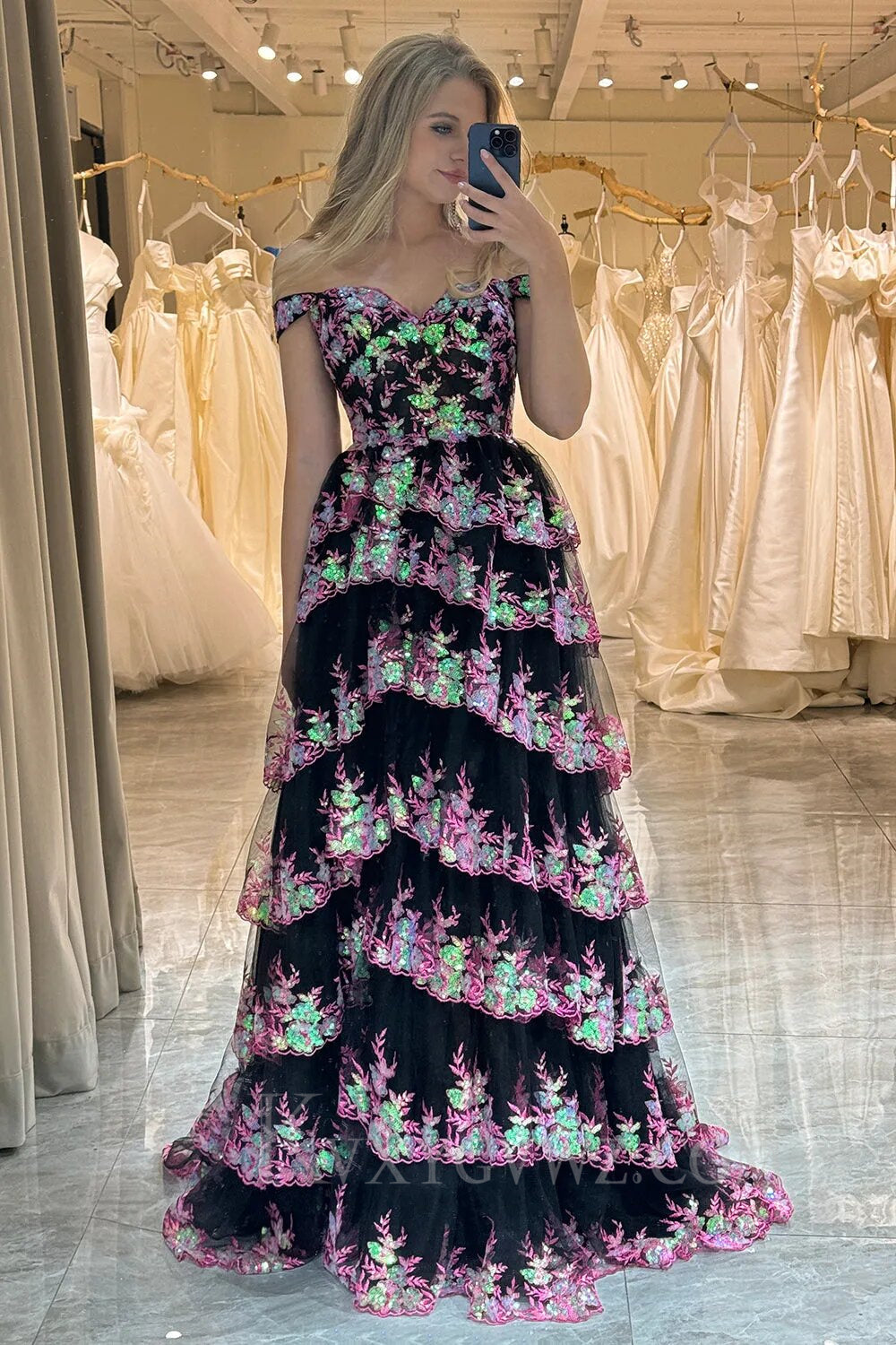 Sparkly Black Pink Tiered A-Line Long Prom Dress with Lace LF143 KVXYGVWZ Sparkly Black Pink Tiered A-Line Long Prom Dress with Lace LF143 KVXYGVWZ