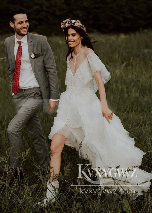 Bohemian A-Line See-through Ruffle Tulle Wedding Dress Gown With Slit HS1047