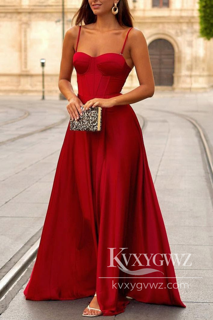Fashion Graceful A-Line Evening Gown Spaghetti Straps Satin Long Evening Gown LF1451