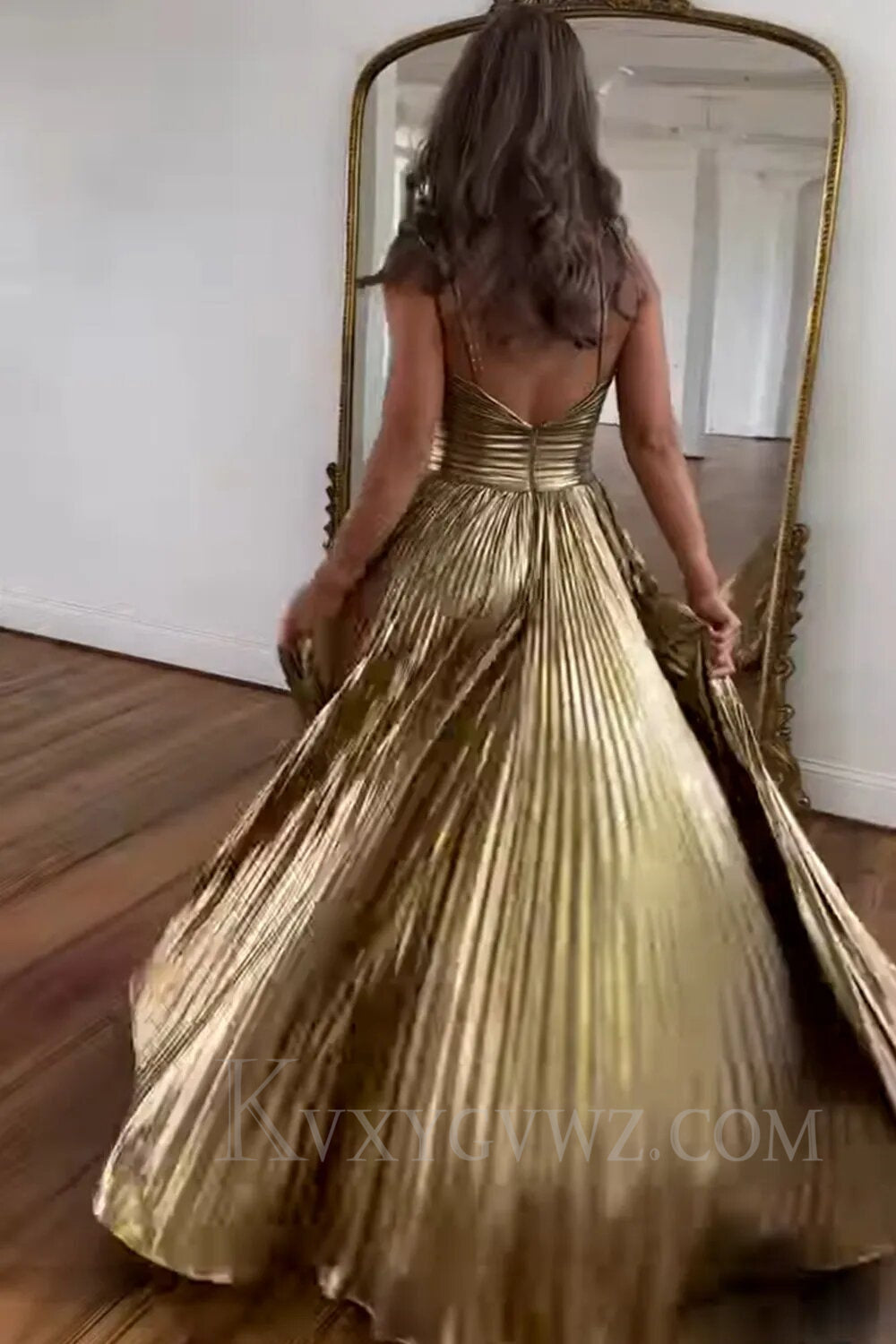 Glitter Golden A Line Backless Long Prom Dress With Slit LF015