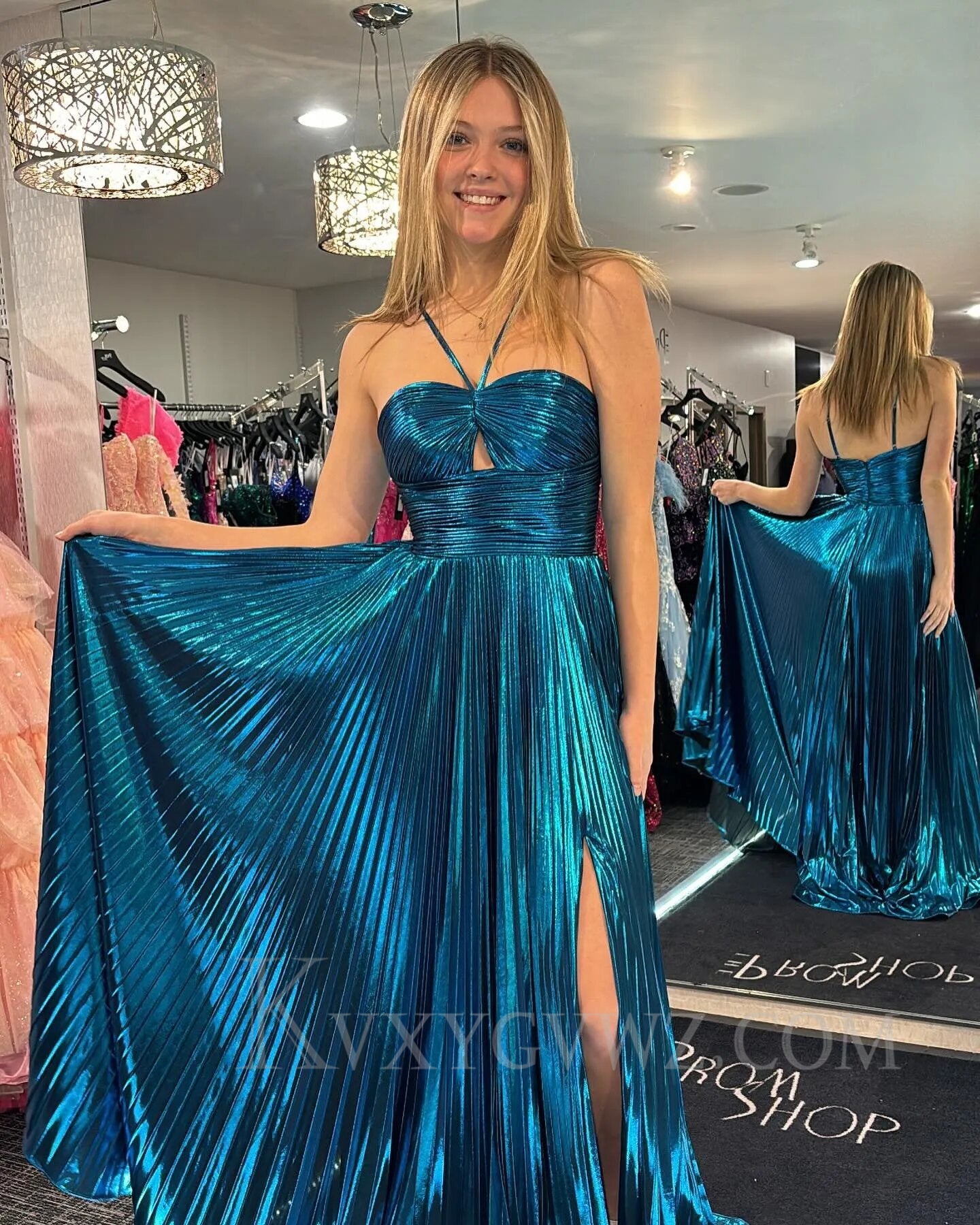 Glitter Golden A Line Backless Long Prom Dress With Slit LF015