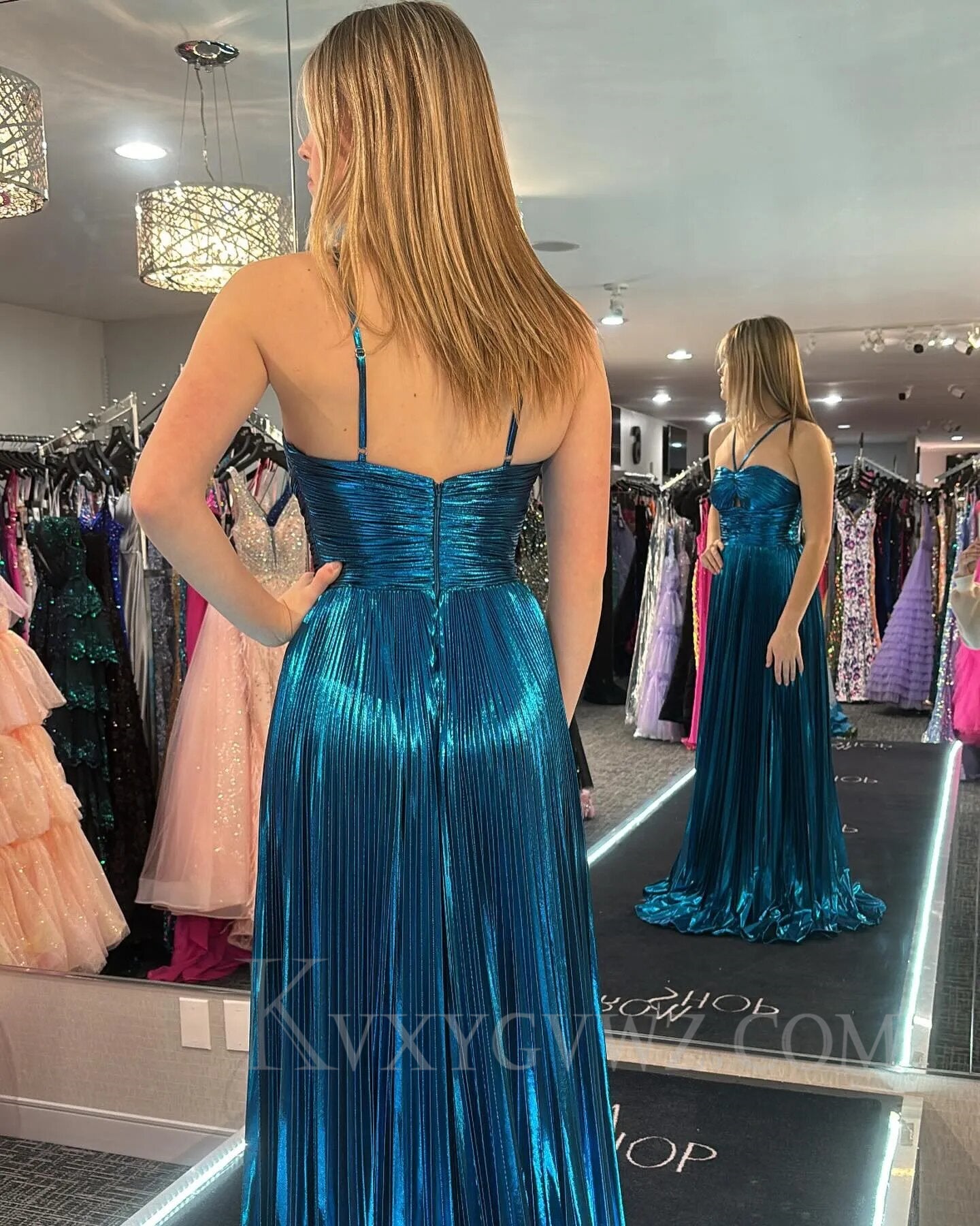 Glitter Golden A Line Backless Long Prom Dress With Slit LF015
