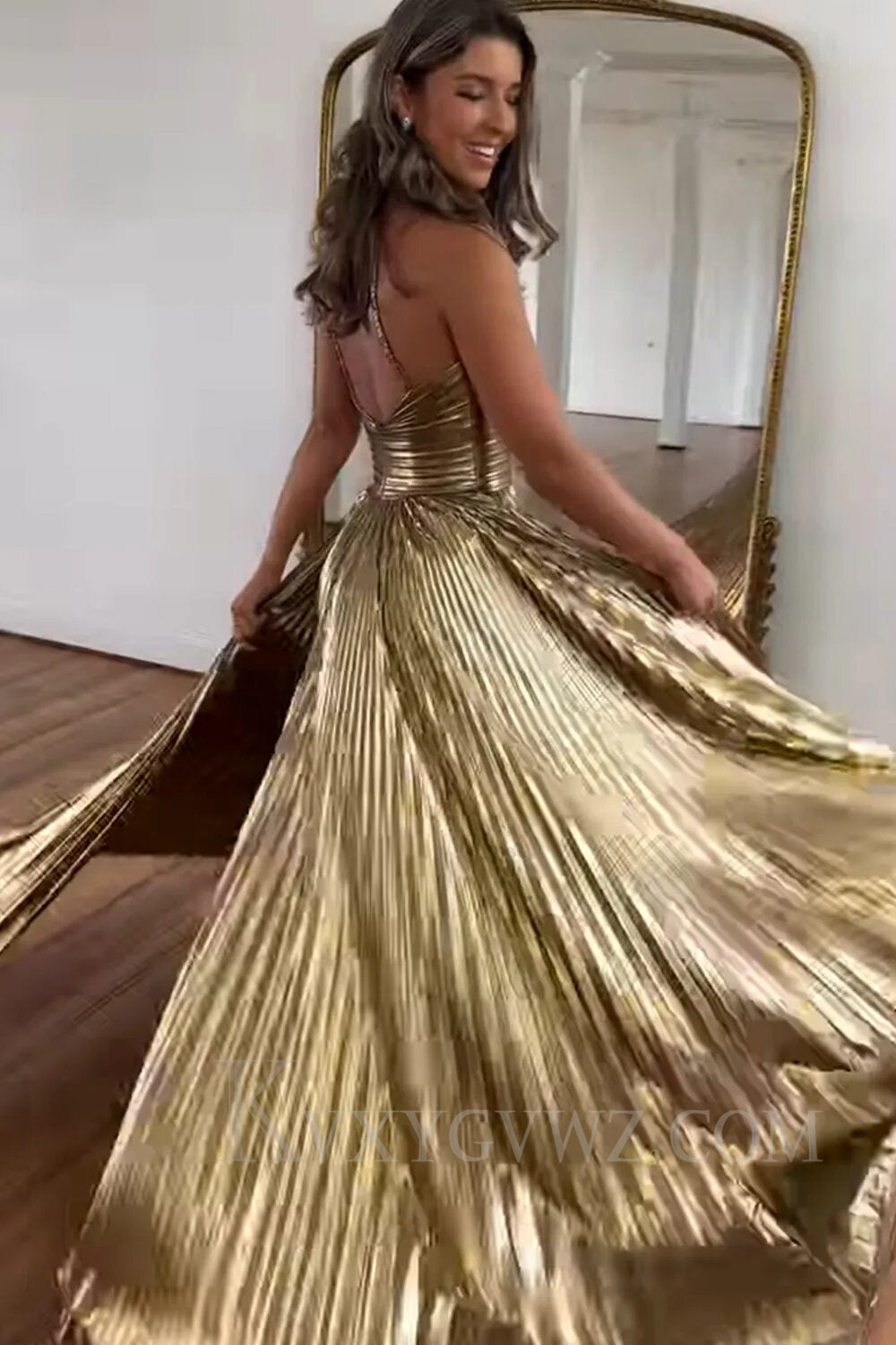 Glitter Golden A Line Backless Long Prom Dress With Slit LF015
