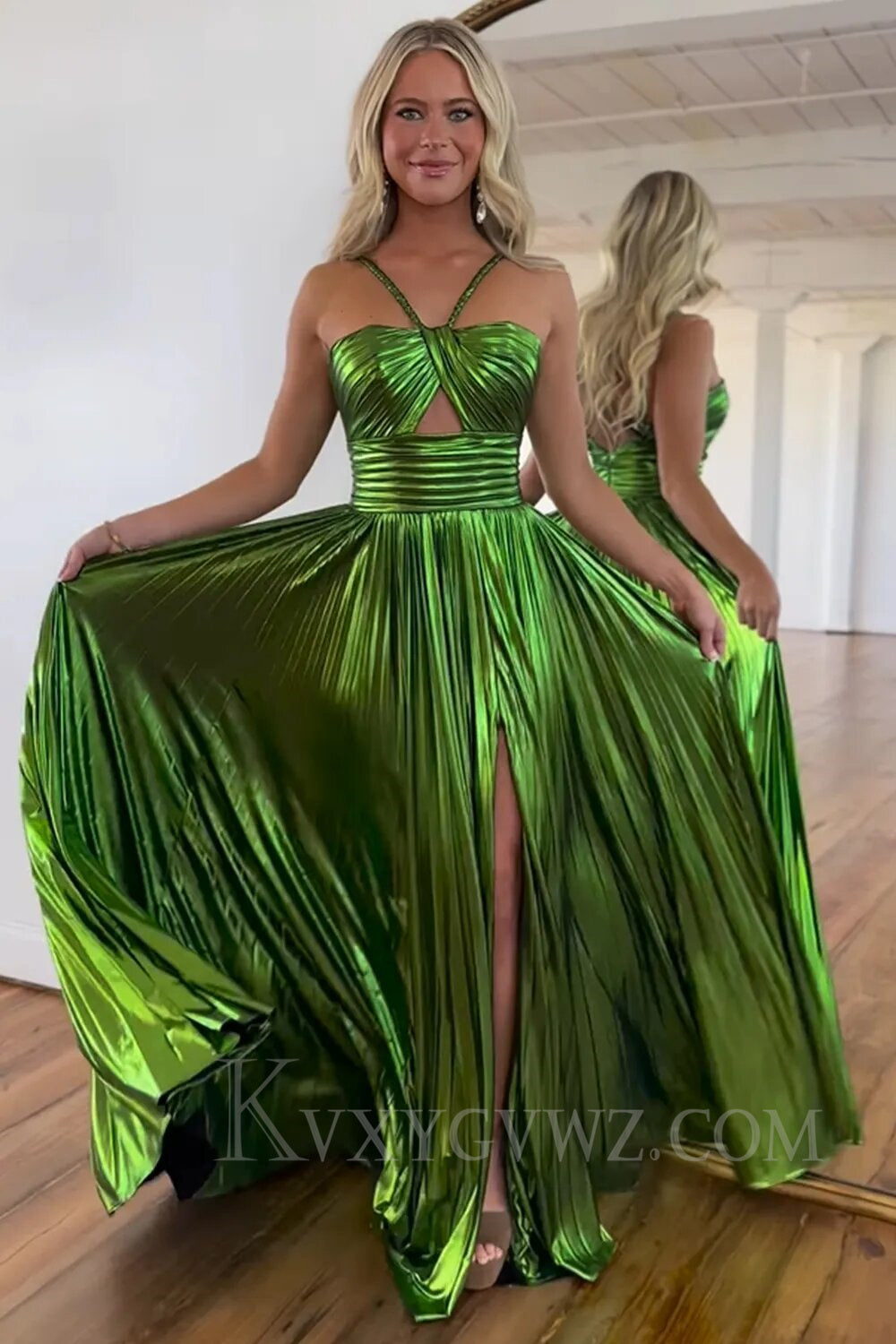 Glitter Golden A Line Backless Long Prom Dress With Slit LF015