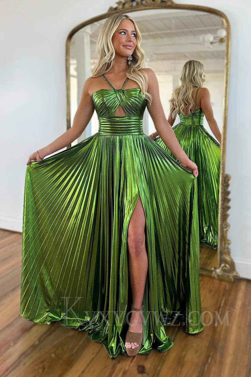 Glitter Golden A Line Backless Long Prom Dress With Slit LF015