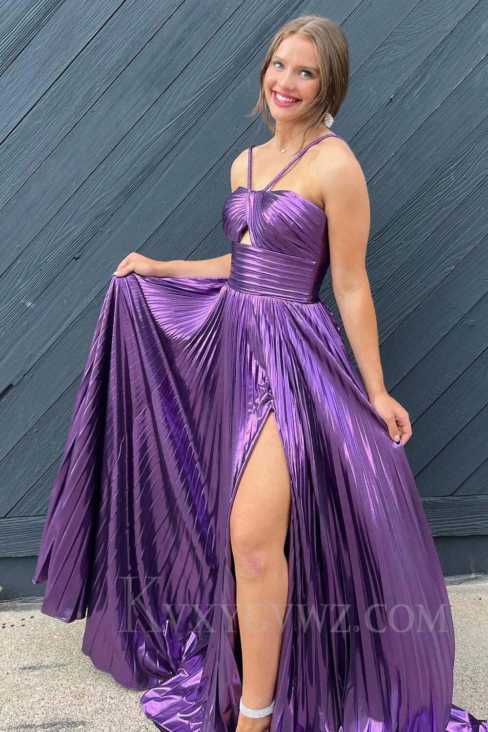 Glitter Golden A Line Backless Long Prom Dress With Slit LF015