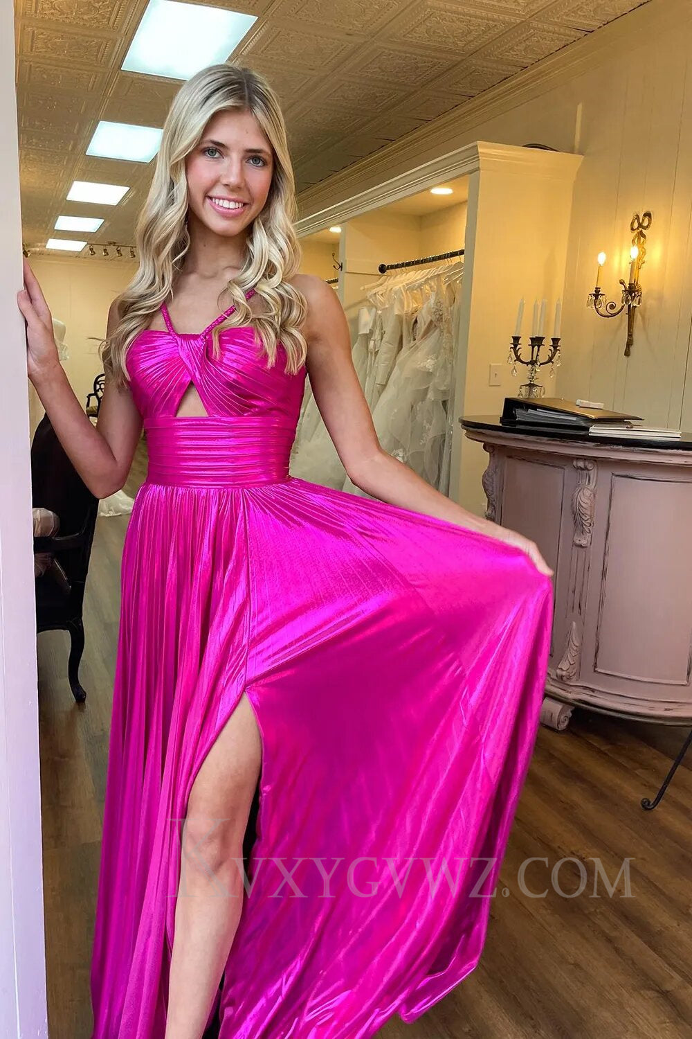 Glitter Golden A Line Backless Long Prom Dress With Slit LF015