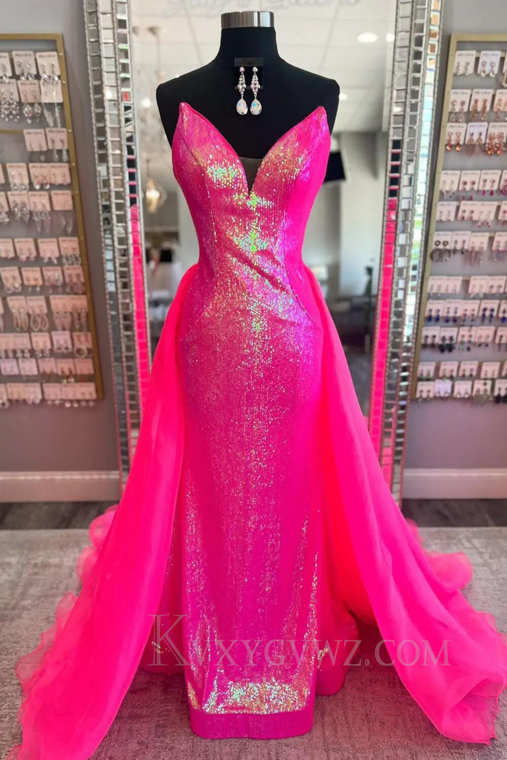 Sexy Deep V-neck Sequined Fuchsia Mermaid Prom Dress With Sweep Train LF150