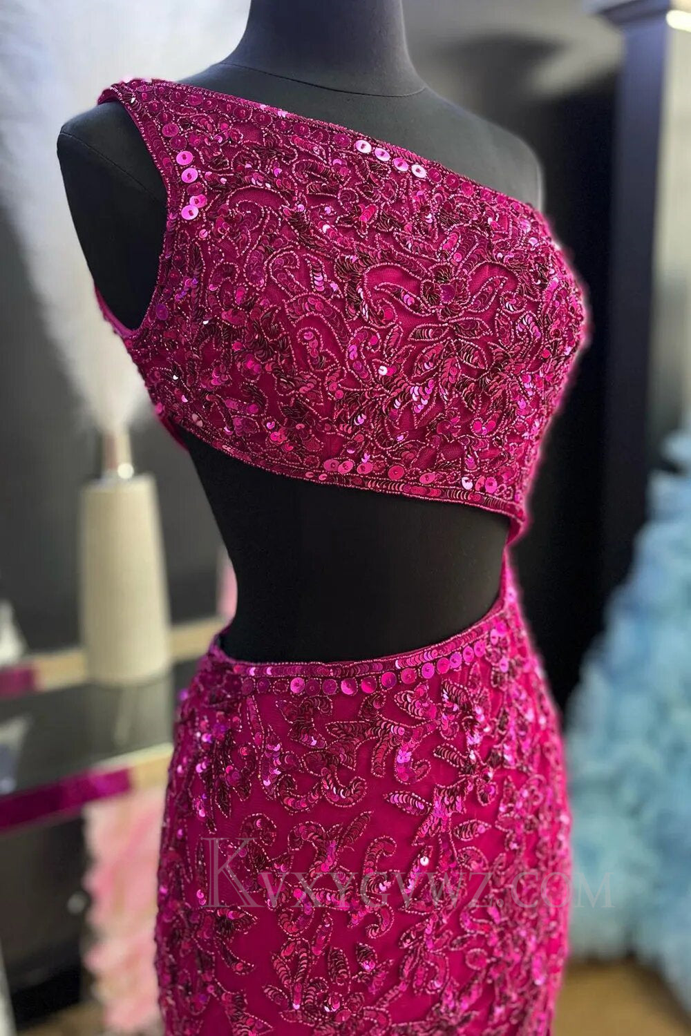 Sparkly Peacock Blue Sequins Mermaid One Shoulder Long Prom Dress with Slit LF151