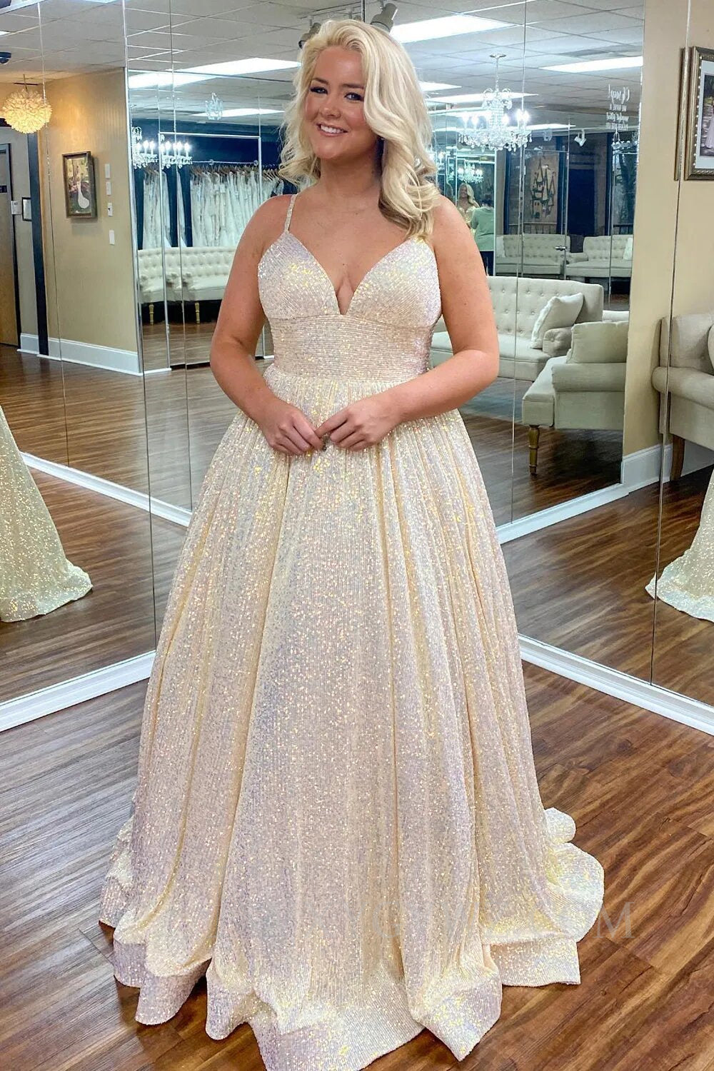 Sparkly Fuchsia Sequins A-Line Spaghetti Strap Long Prom Dress LF153