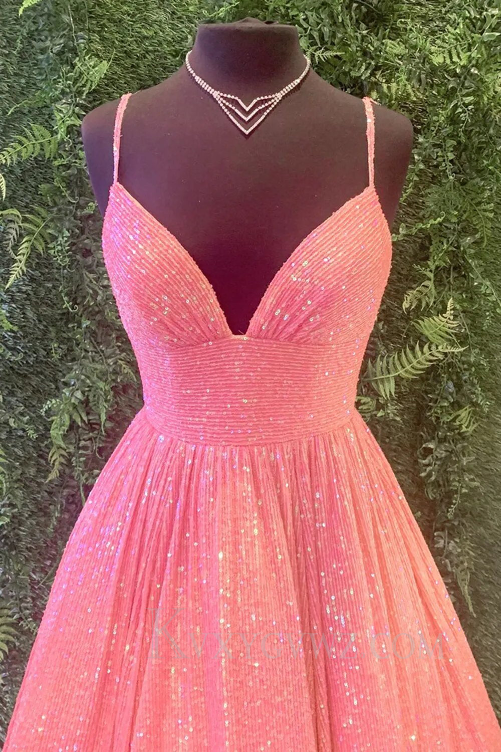 Sparkly Fuchsia Sequins A-Line Spaghetti Strap Long Prom Dress LF153