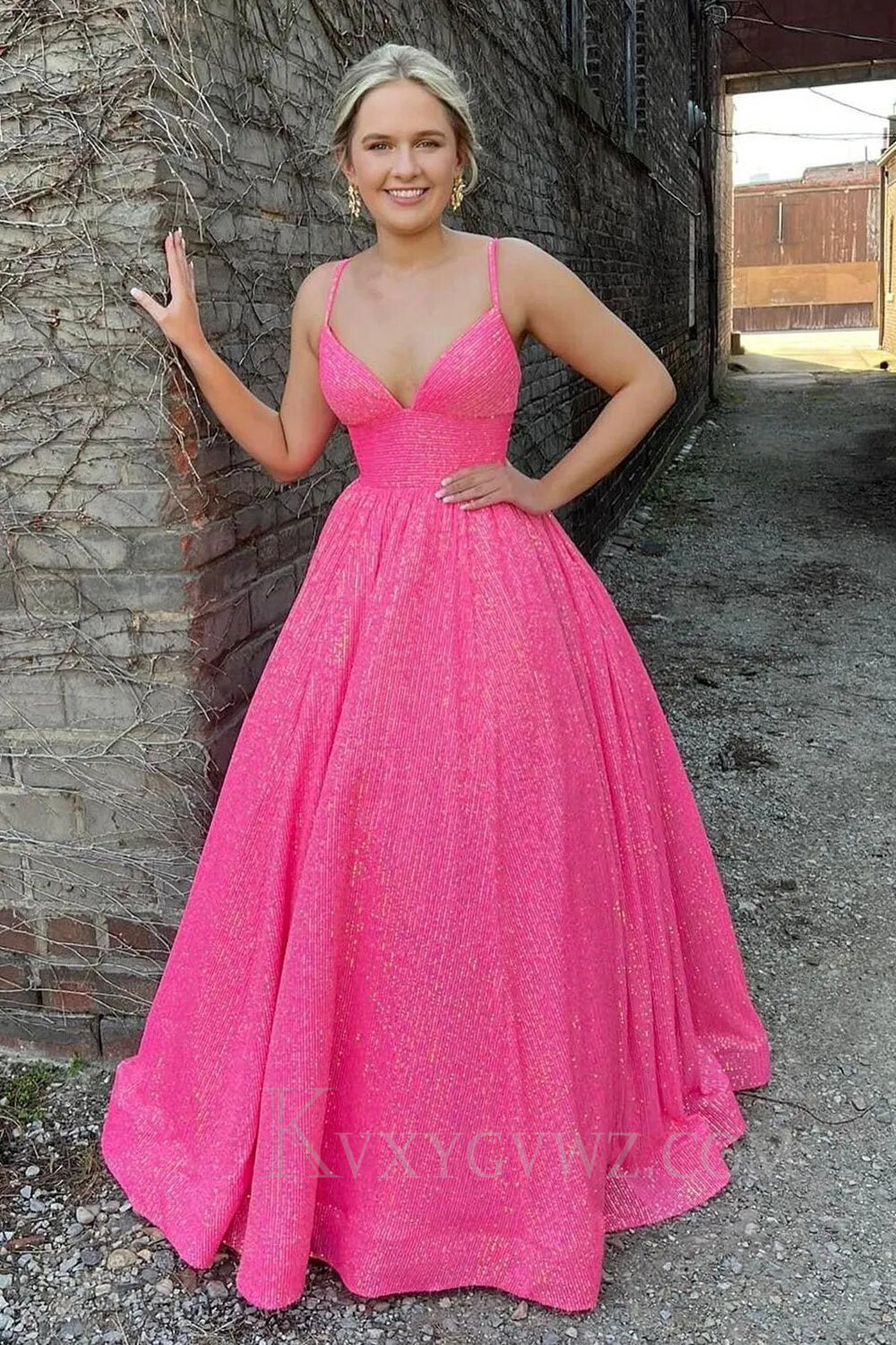 Sparkly Fuchsia Sequins A-Line Spaghetti Strap Long Prom Dress LF153