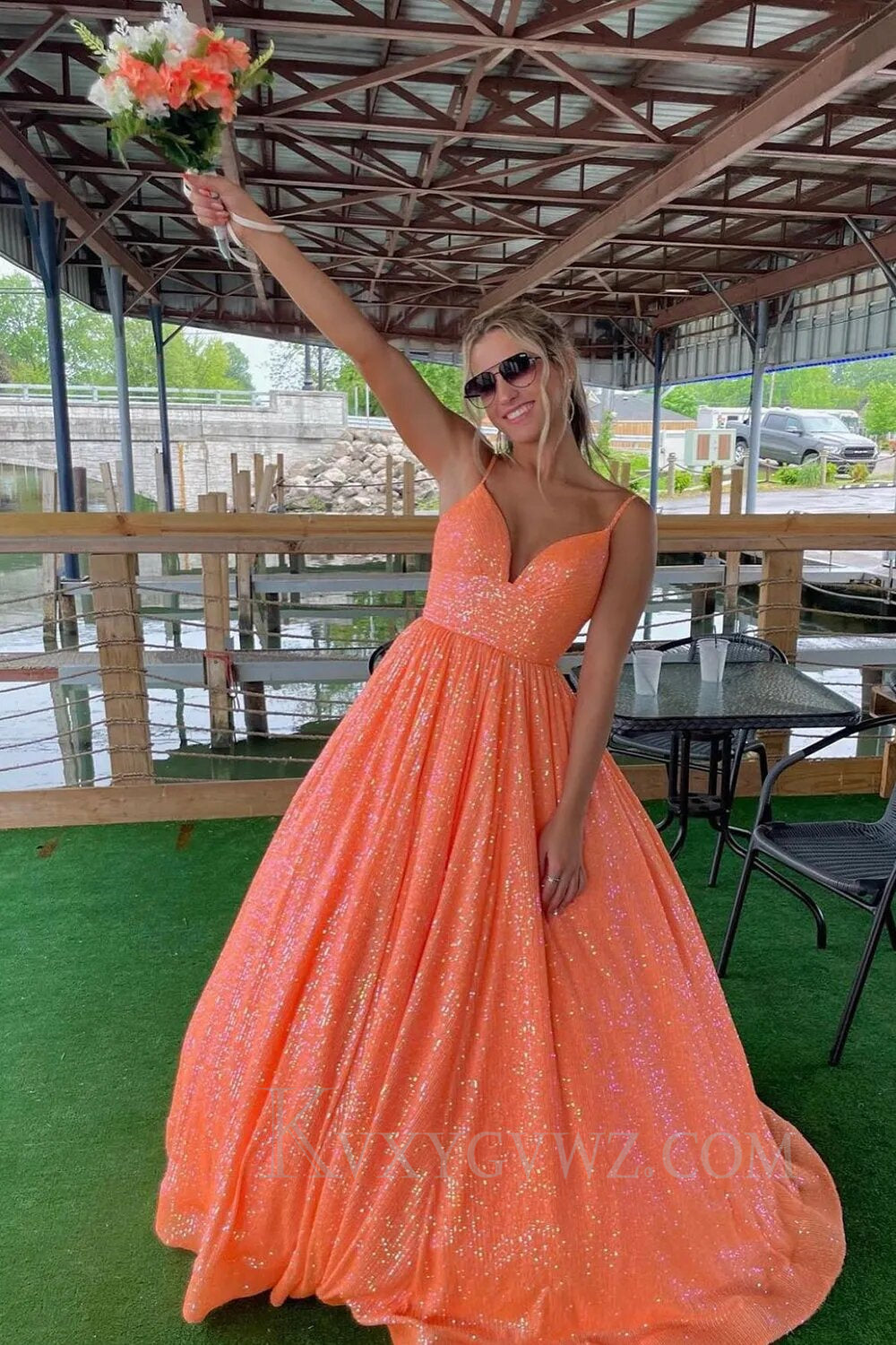 Sparkly Fuchsia Sequins A-Line Spaghetti Strap Long Prom Dress LF153