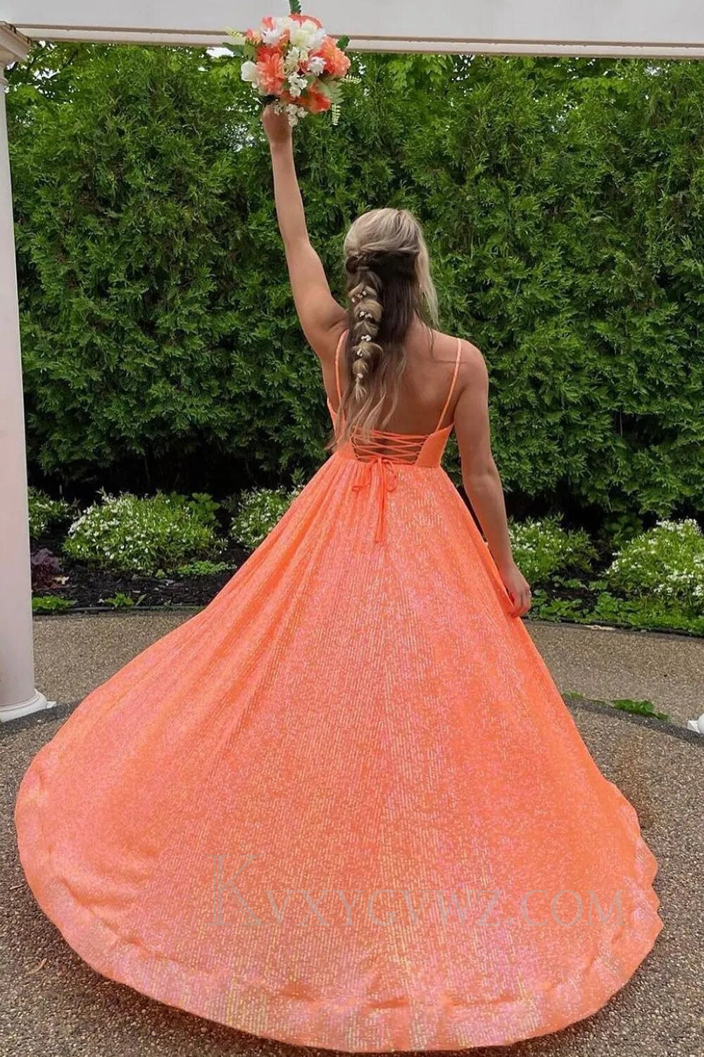 Sparkly Fuchsia Sequins A-Line Spaghetti Strap Long Prom Dress LF153