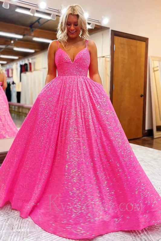 Sparkly Fuchsia Sequins A-Line Spaghetti Strap Long Prom Dress LF153