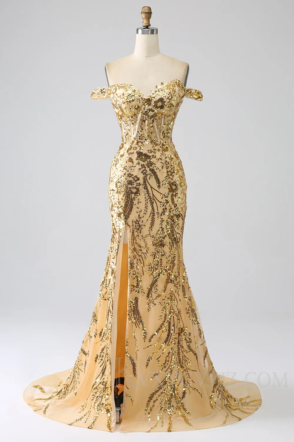 Sparkly Mermaid Golden Long Sequins Prom Dress With Slit LF155