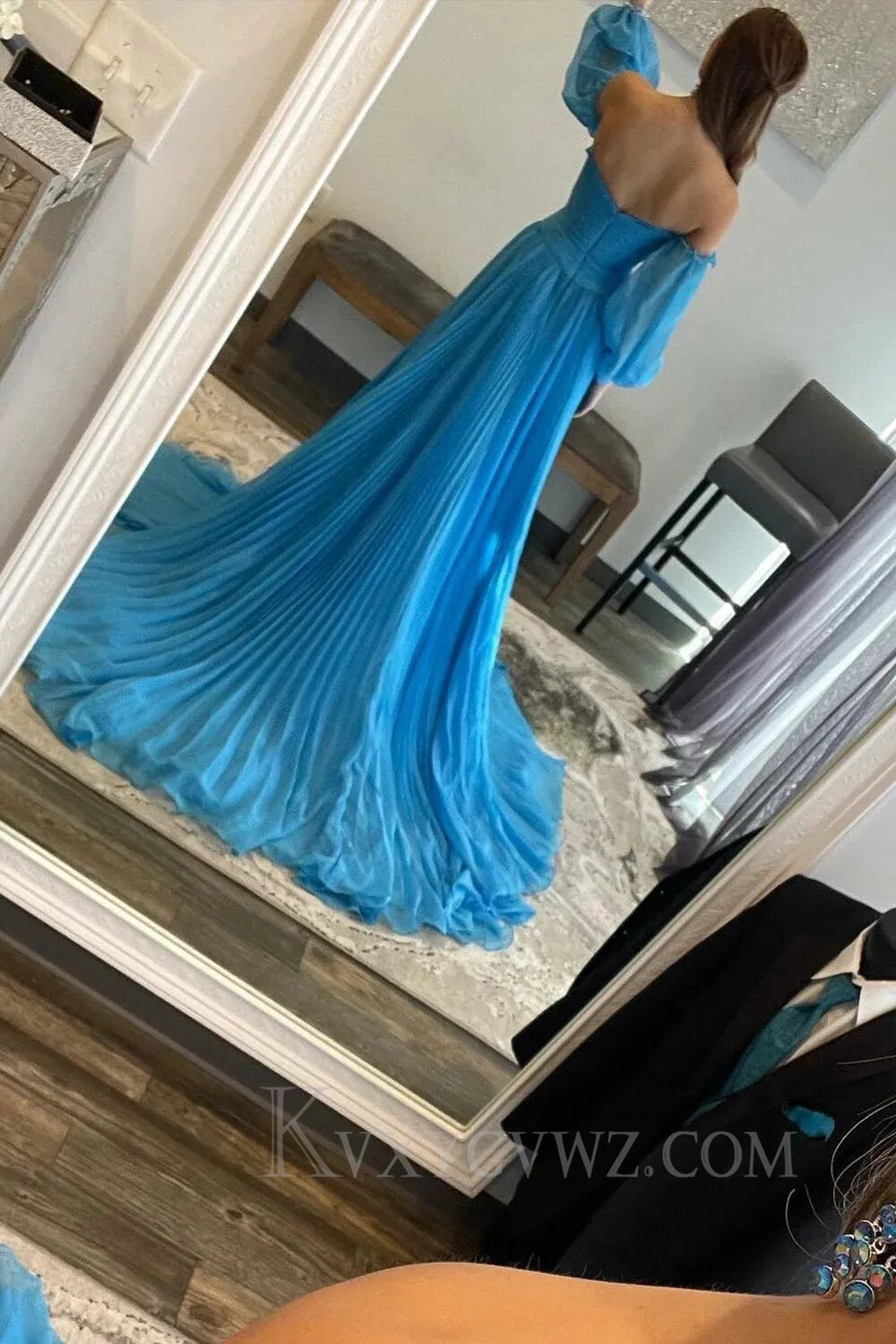Blue Detachable Sleeves Cut-Out Long Prom Dress with Beading LF156
