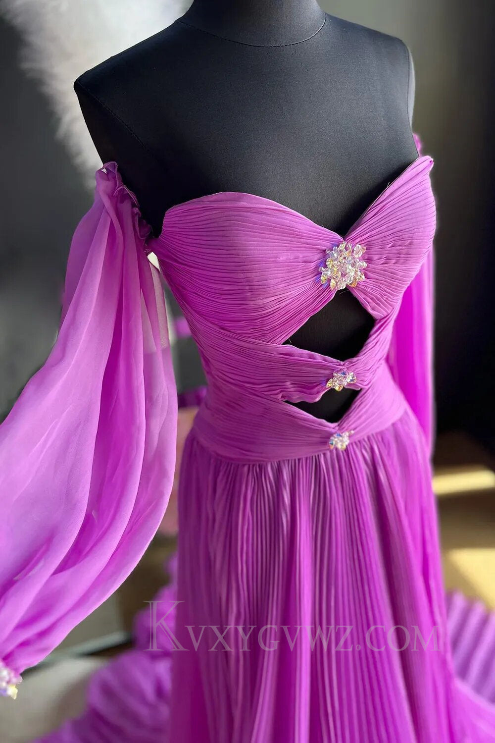 Blue Detachable Sleeves Cut-Out Long Prom Dress with Beading LF156