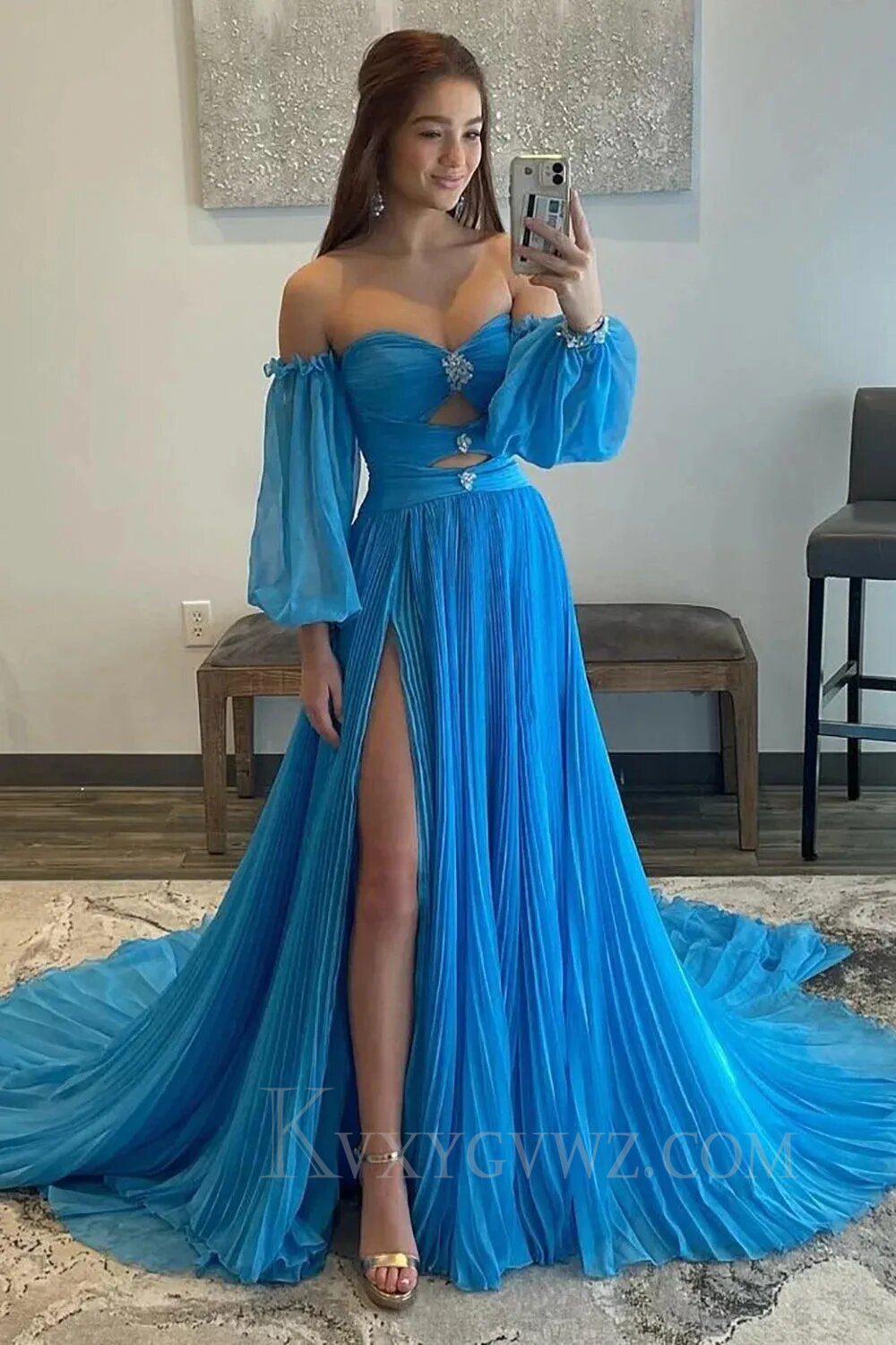 Blue Detachable Sleeves Cut-Out Long Prom Dress with Beading LF156