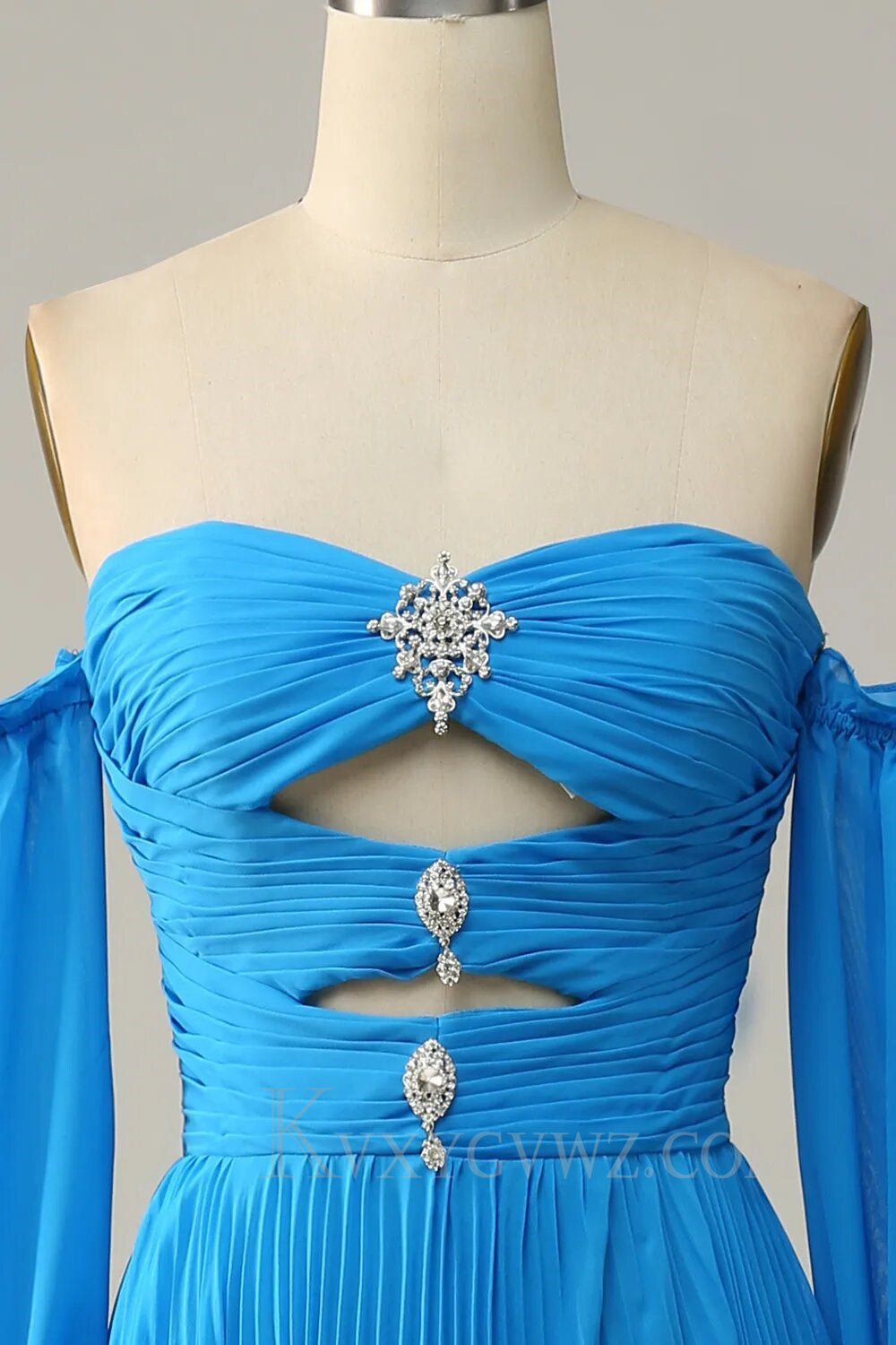 Blue Detachable Sleeves Cut-Out Long Prom Dress with Beading LF156