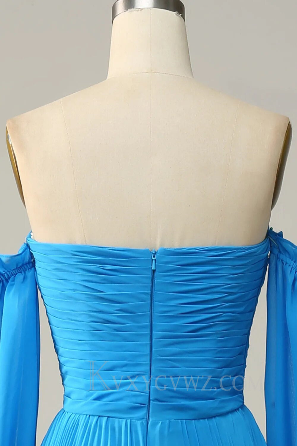 Blue Detachable Sleeves Cut-Out Long Prom Dress with Beading LF156