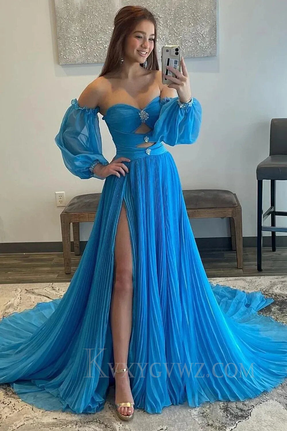Blue Detachable Sleeves Cut-Out Long Prom Dress with Beading LF156