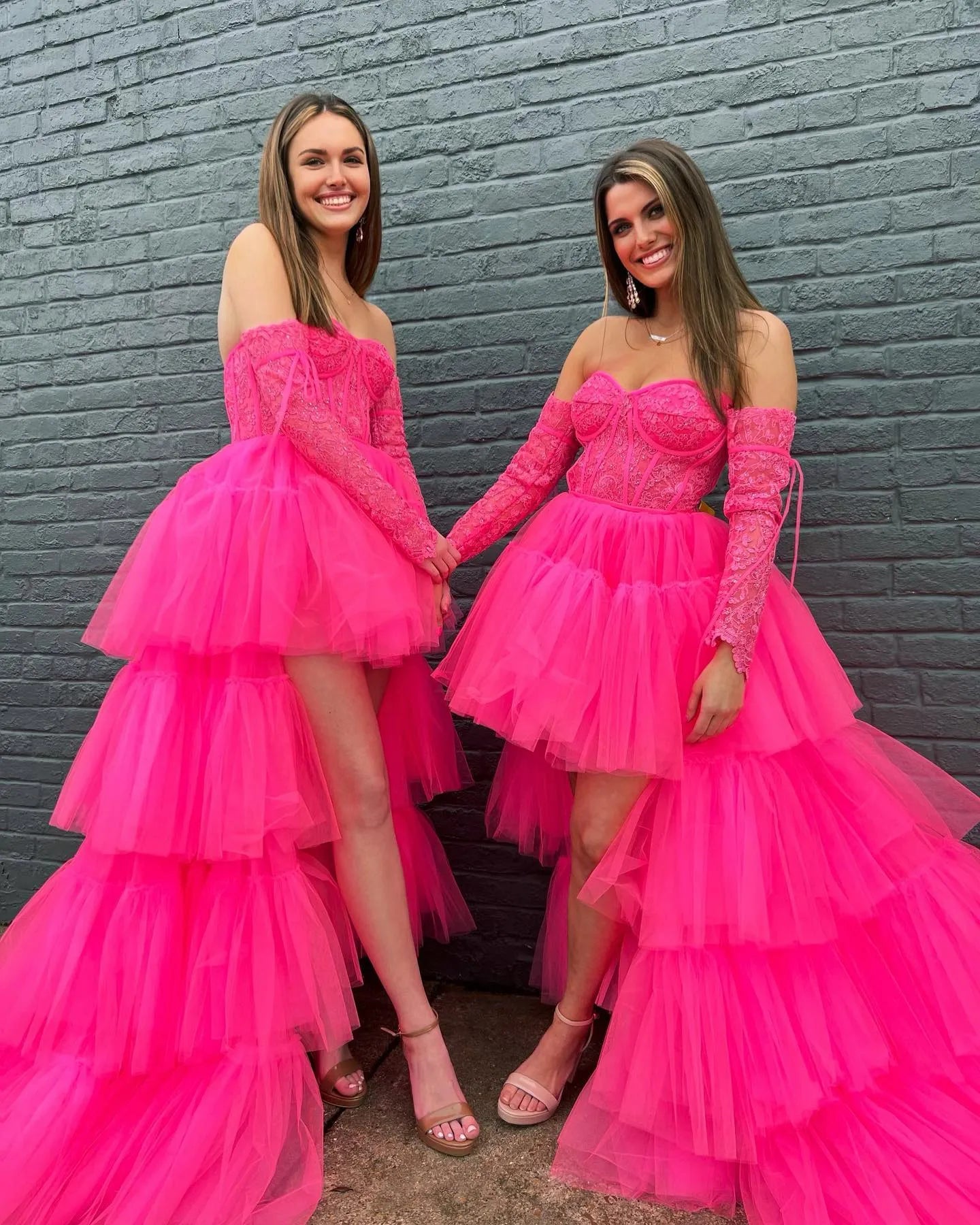 Fuchsia High Low Detachable Sleeves Corset Homecoming Dress with Lace LF157