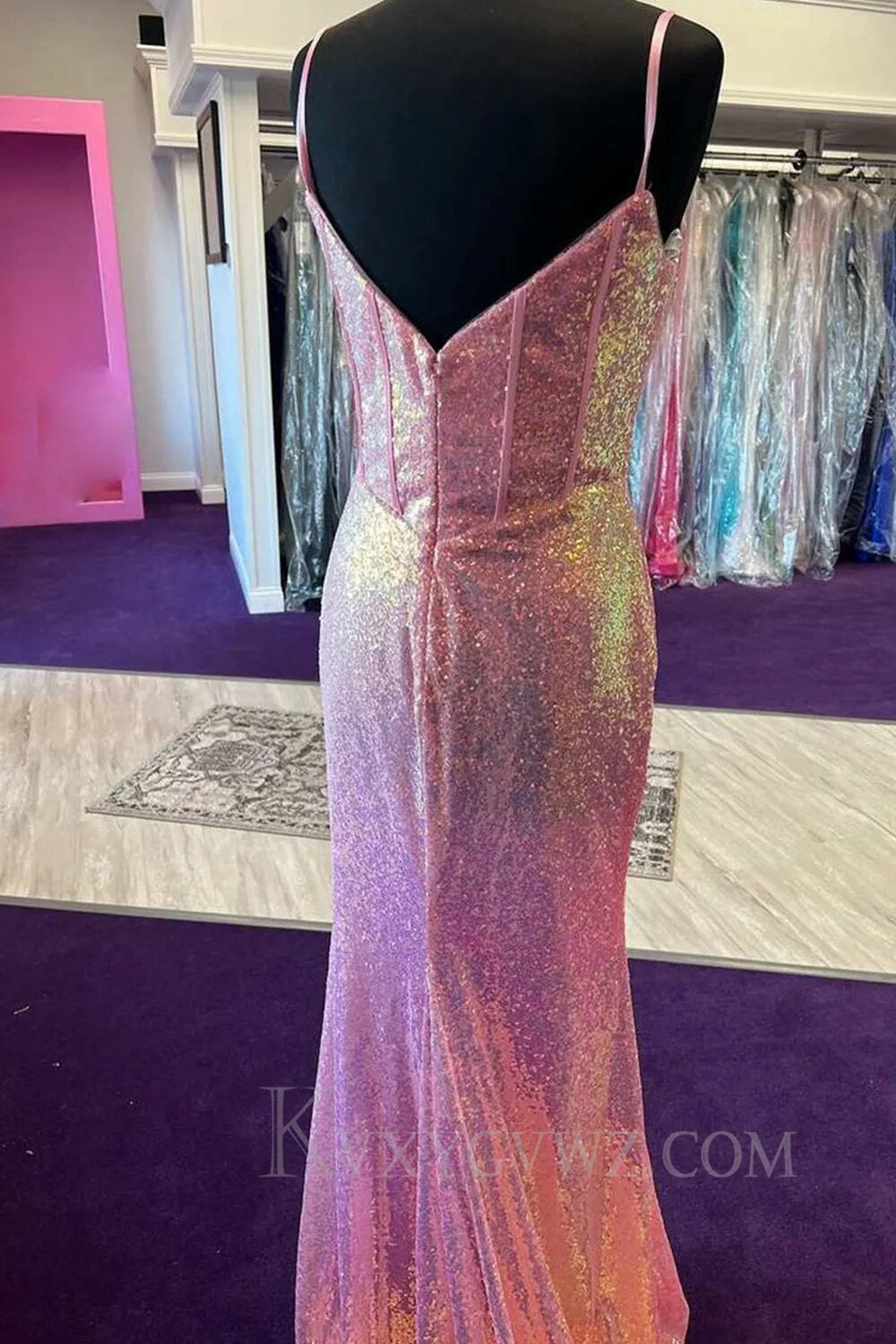 Sparkly Pink Sequin Long Mermaid Corset Prom Dress LF158