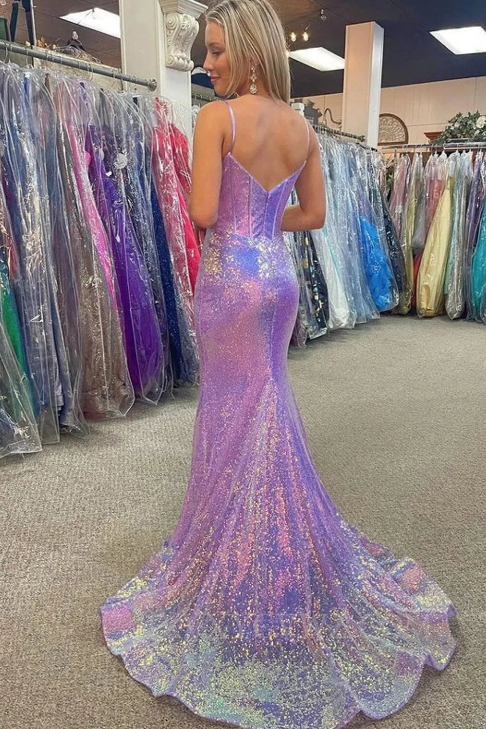 Sparkly Pink Sequin Long Mermaid Corset Prom Dress LF158