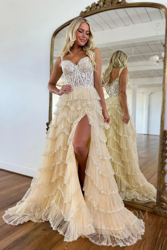 Glitter Light Yellow Corset Tiered Long Tulle Prom Dress with Slit LF159