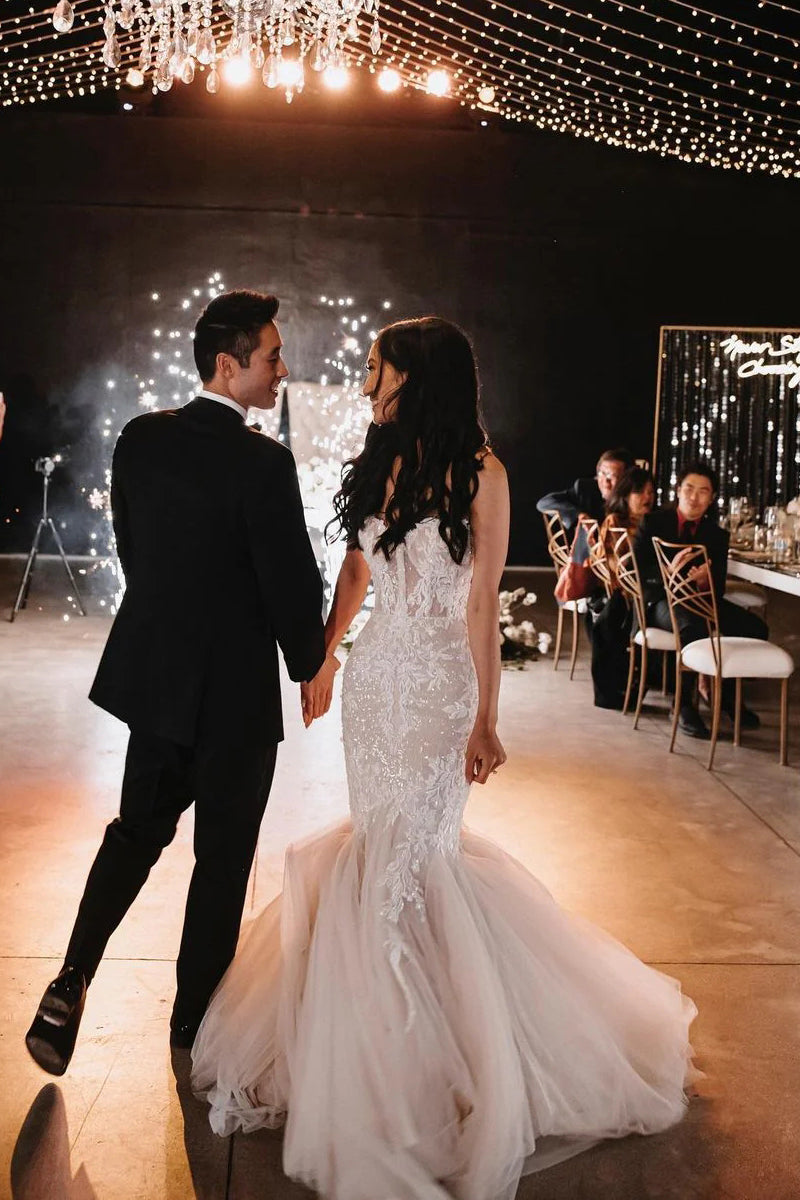 Glamorous Mermaid Sweetheart Tulle Wedding Dresses Gown with Appliques HS666