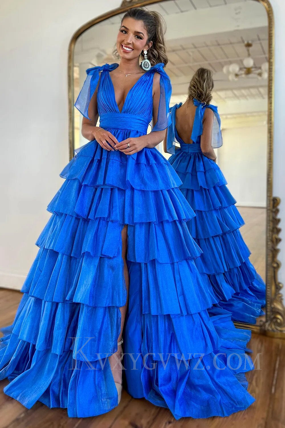 Glitter Hot Pink A Line V Neck Backless Long Tiered Prom Dress with Slit LF016