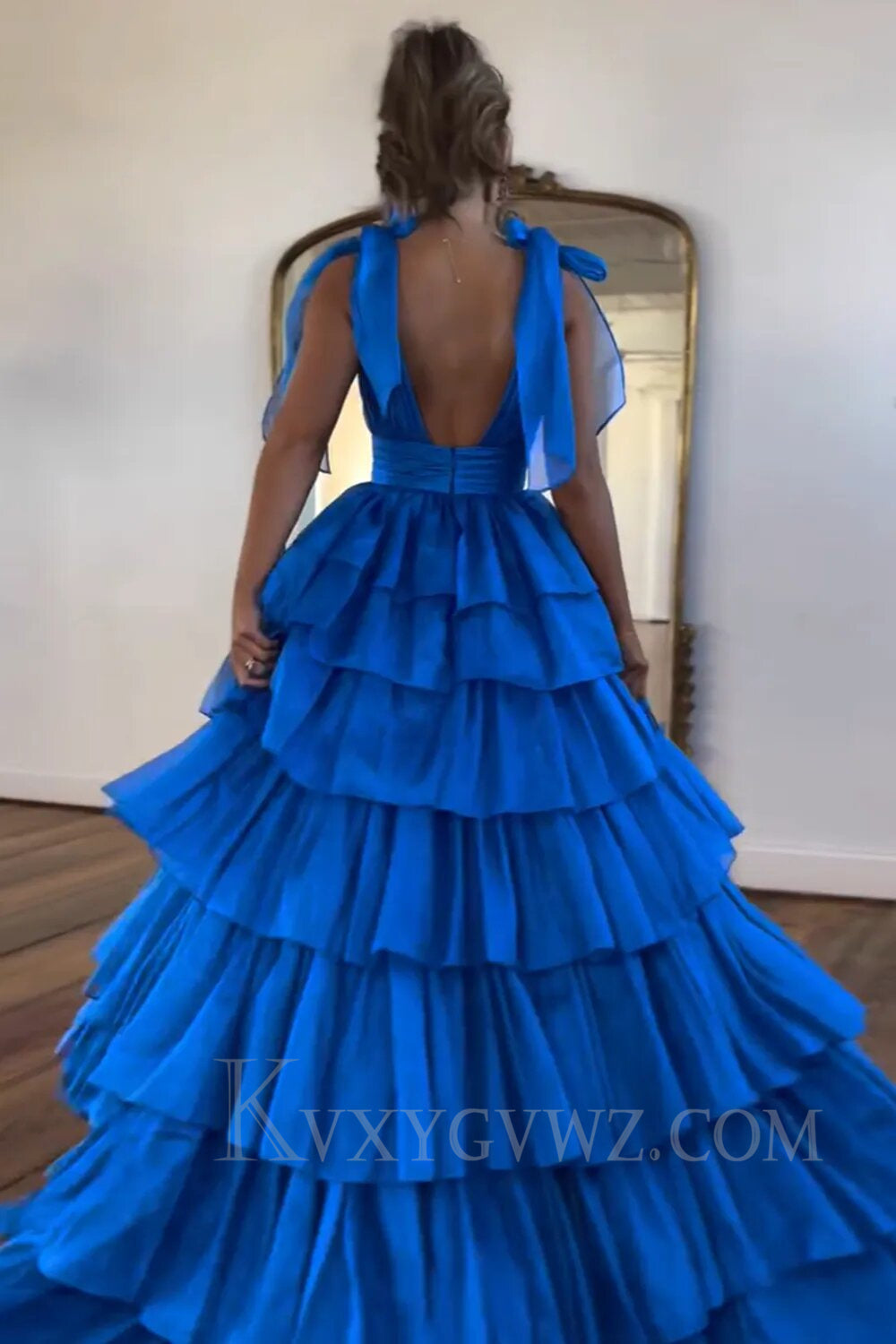 Glitter Hot Pink A Line V Neck Backless Long Tiered Prom Dress with Slit LF016
