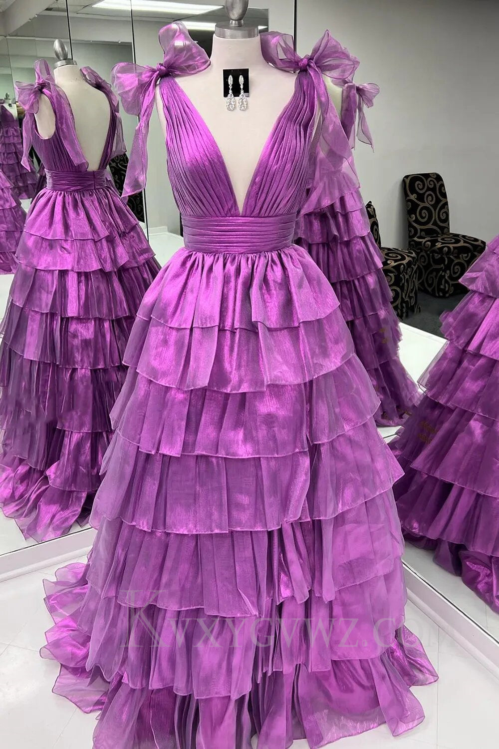 Glitter Hot Pink A Line V Neck Backless Long Tiered Prom Dress with Slit LF016