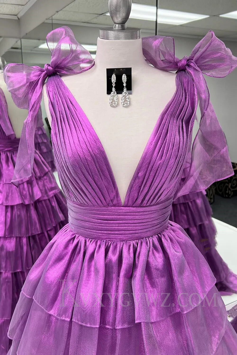 Glitter Hot Pink A Line V Neck Backless Long Tiered Prom Dress with Slit LF016