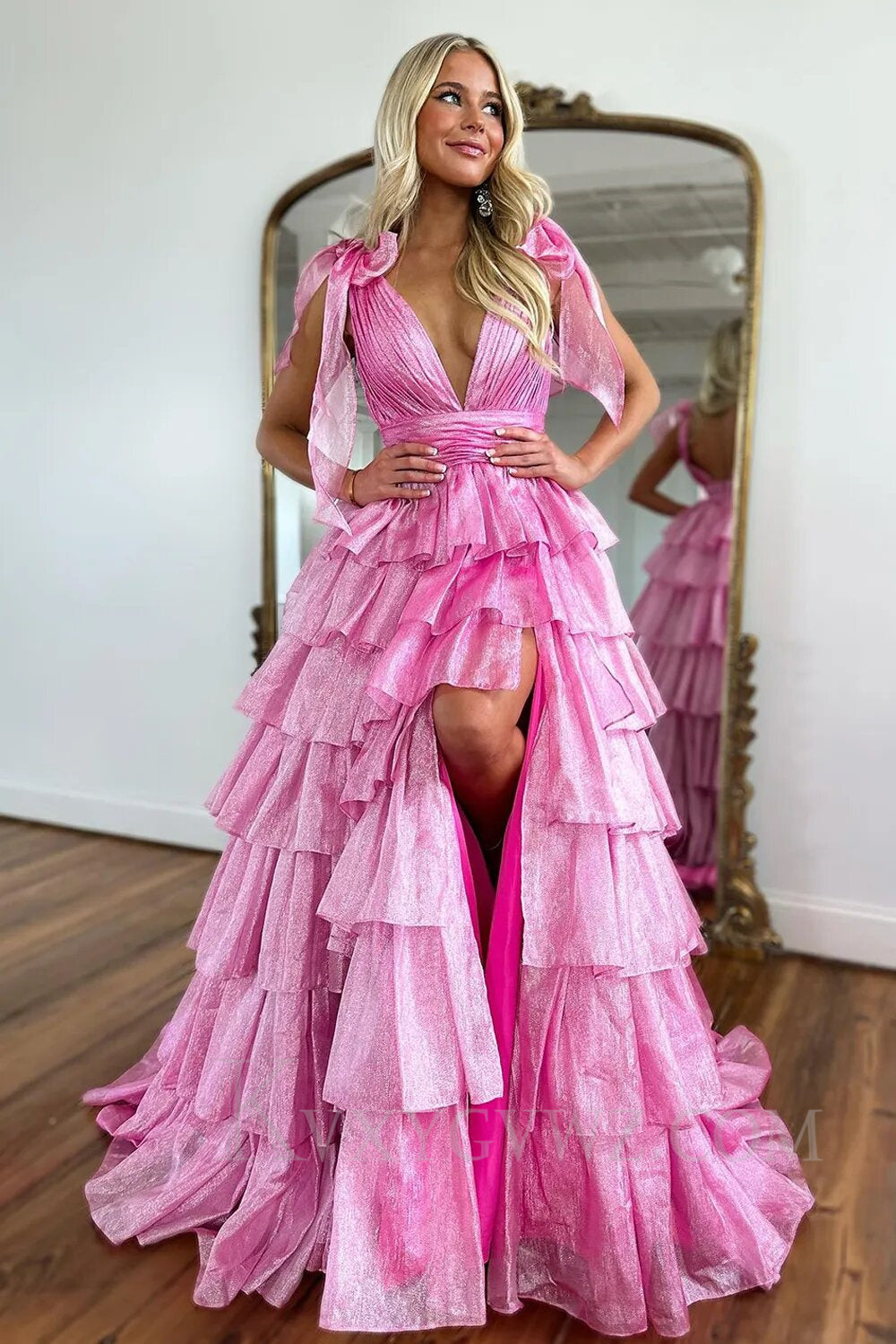 Glitter Hot Pink A Line V Neck Backless Long Tiered Prom Dress with Slit LF016