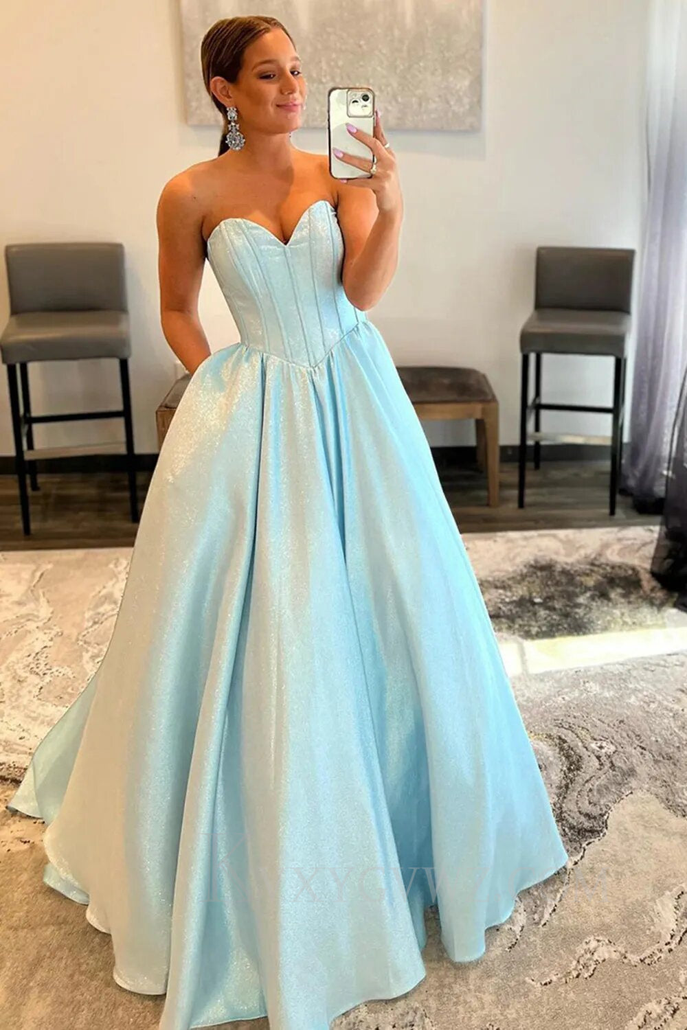 Simple Light Blue A-Line Sweetheart  Prom Dress With Pocket LF160